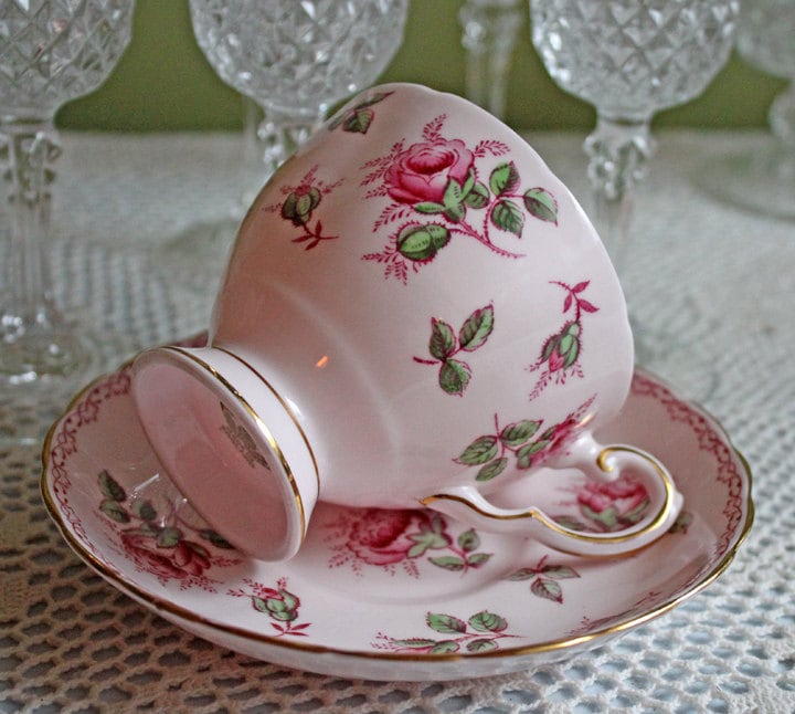 Square Tea or Coffee Cup with Bold Pink Roses and Floral Handle. Royal Stafford Berkeley Rose. Gift for a Romantic in Your Life.