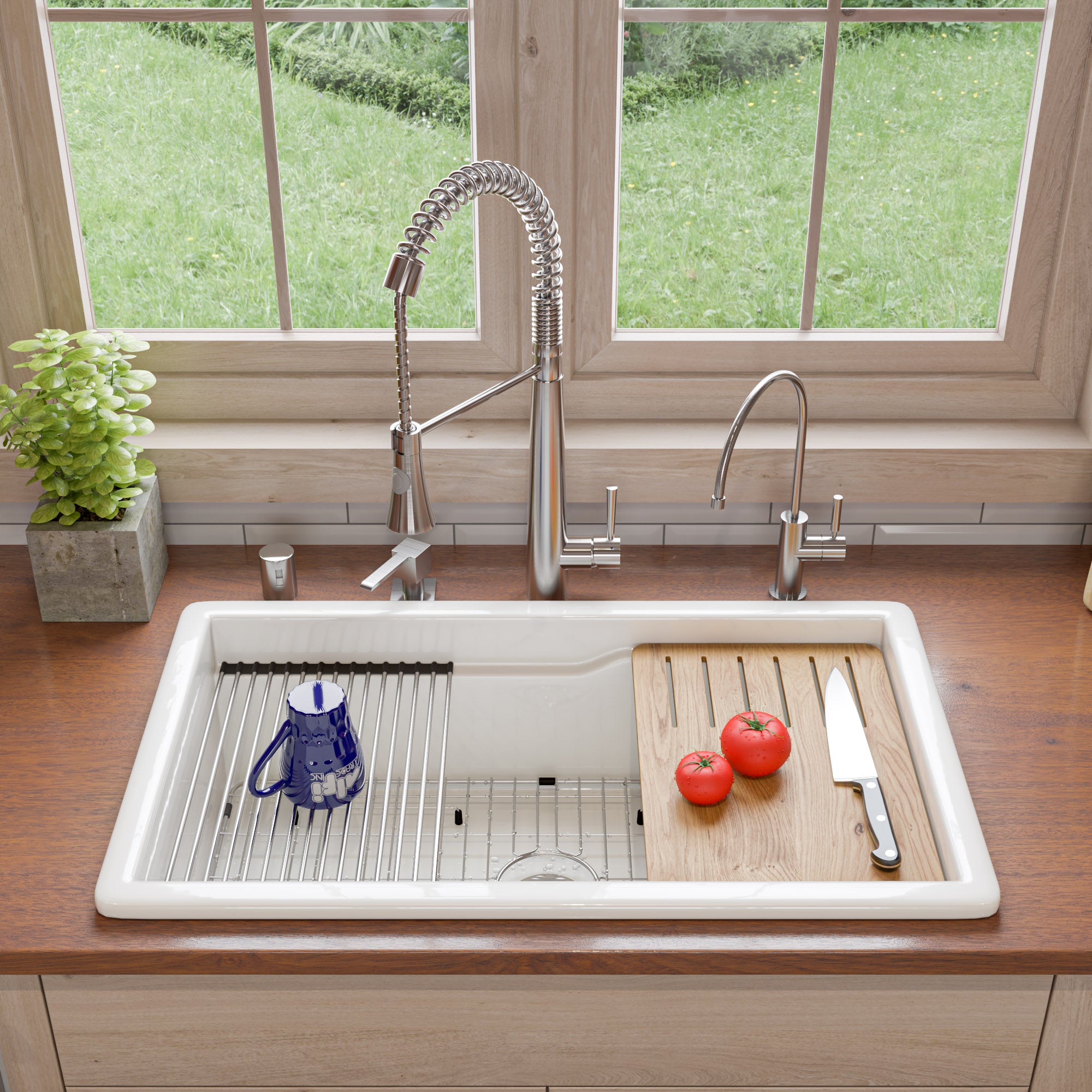 ALFI brand ABFS3219SUD-W  White 32 x 19 Workstation Step Rim Single Bowl Fireclay Undermount / Drop In Kitchen Sink