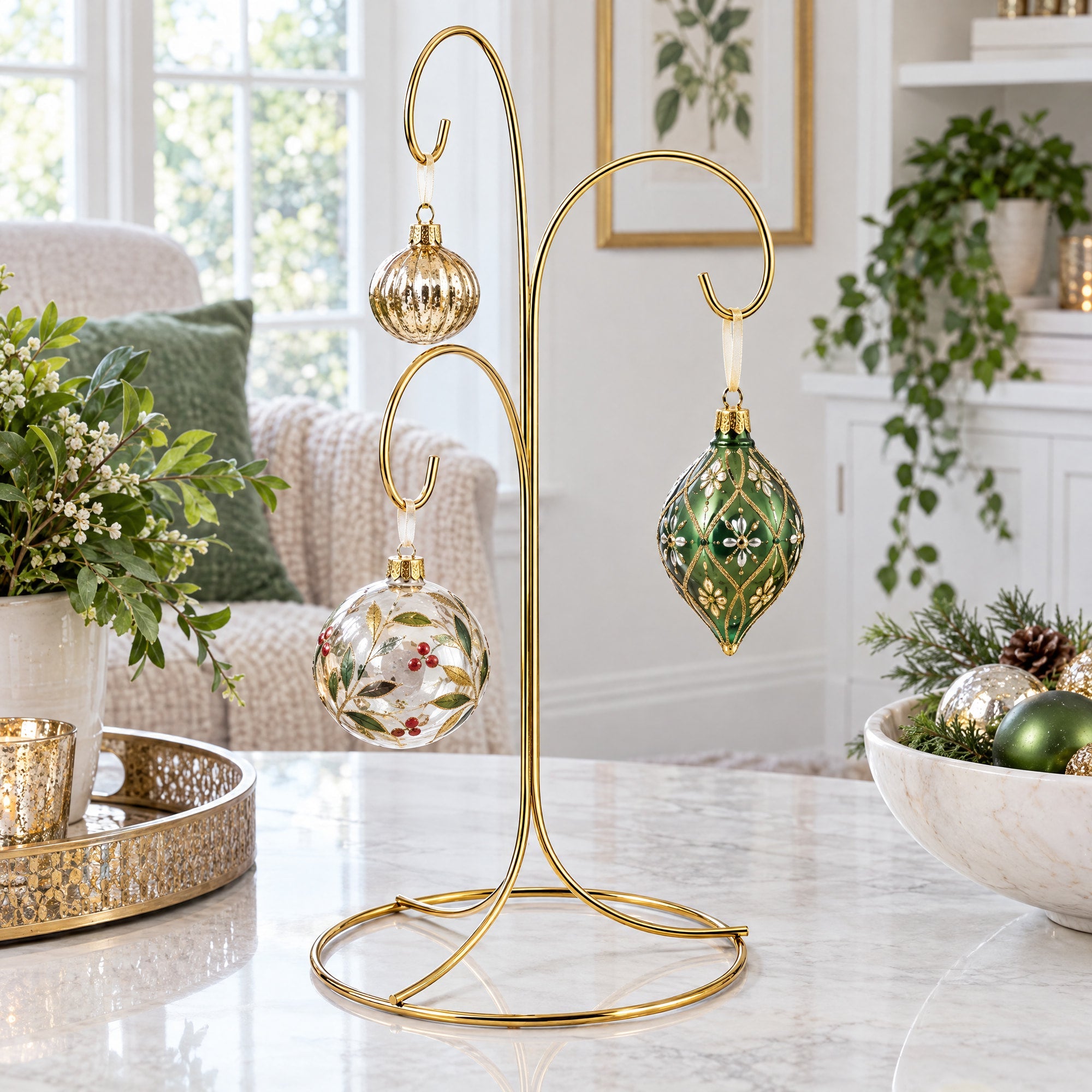 3-Arm 3-Tier Gold Brass Metal Ornament Stand Display 10.75 Inches