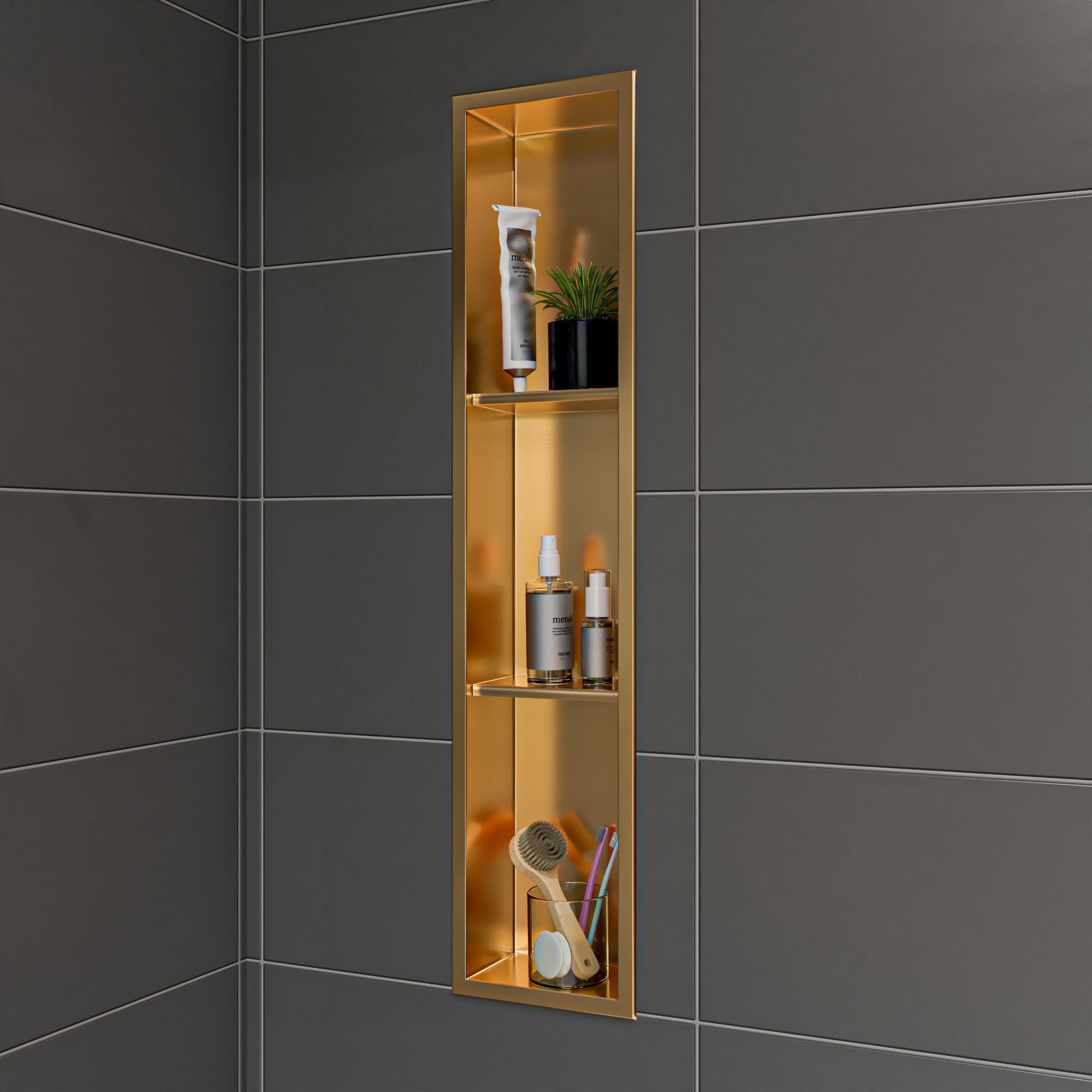 ALFI brand ABNP0836-BG 8 x 36 Brushed Gold PVD Stainless Steel Vertical Triple Shelf Shower Niche