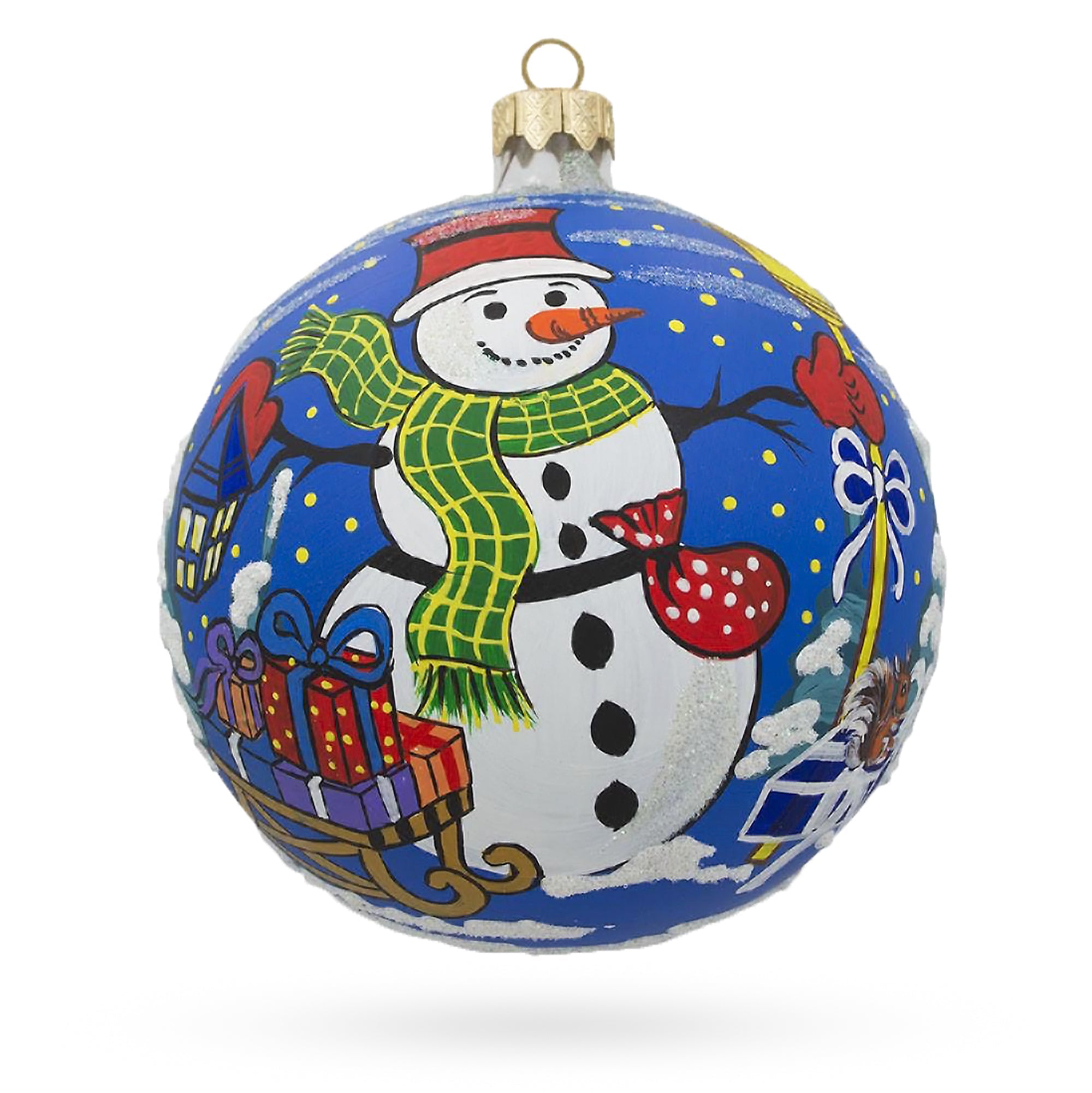 Festive Snowman with Gifts - Glass Ball Christmas Ornament 3.25 Inches