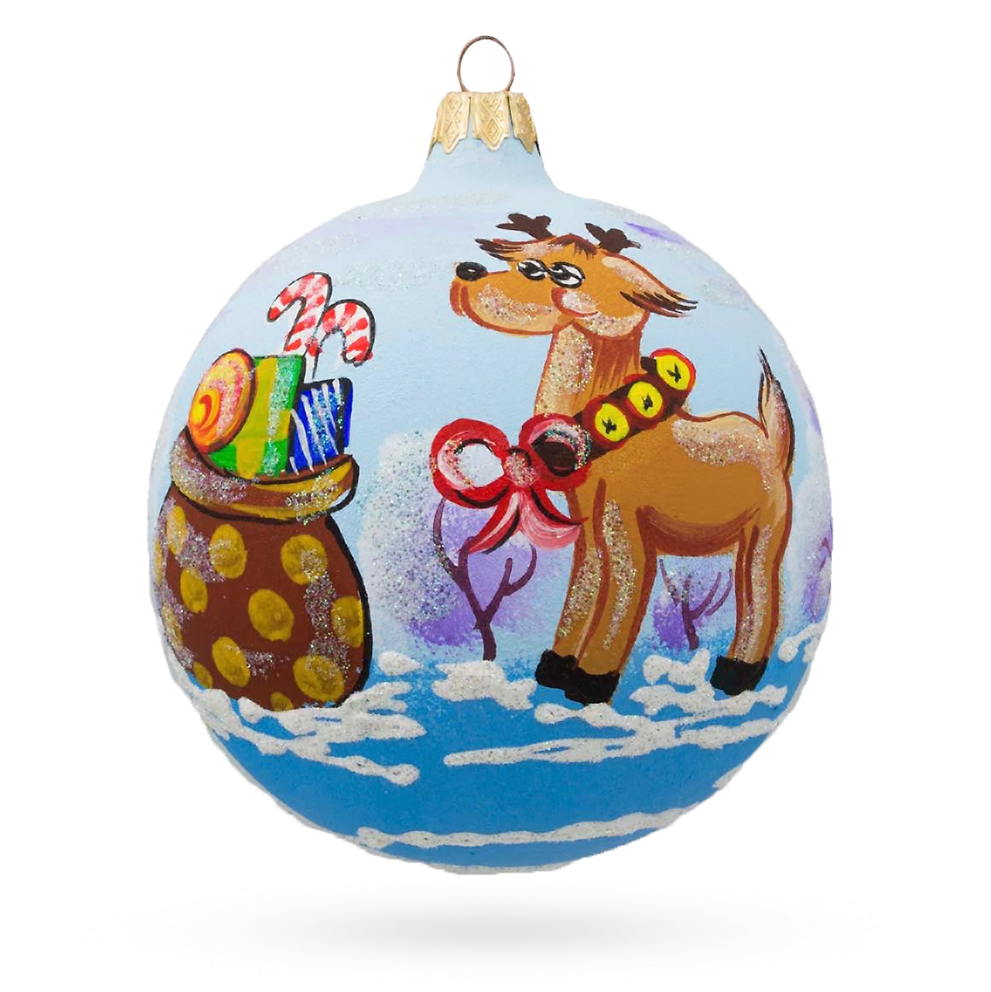 Reindeer Carrying Bag of Gifts Glass Ball Christmas Ornament 4 Inches