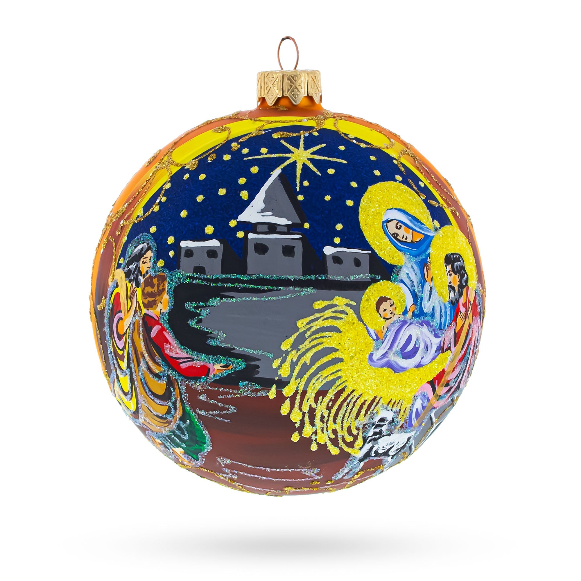 Sacred Nativity Scene on Gold Glass Ball Christmas Ornament 4 Inches