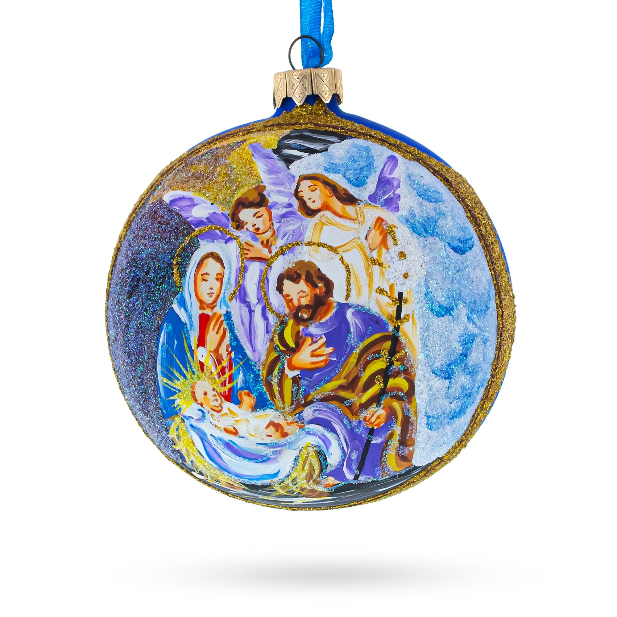 Divine Angels and Holy Family Admiring Jesus Nativity Scene Glass Ball Christmas Ornament 4 Inches