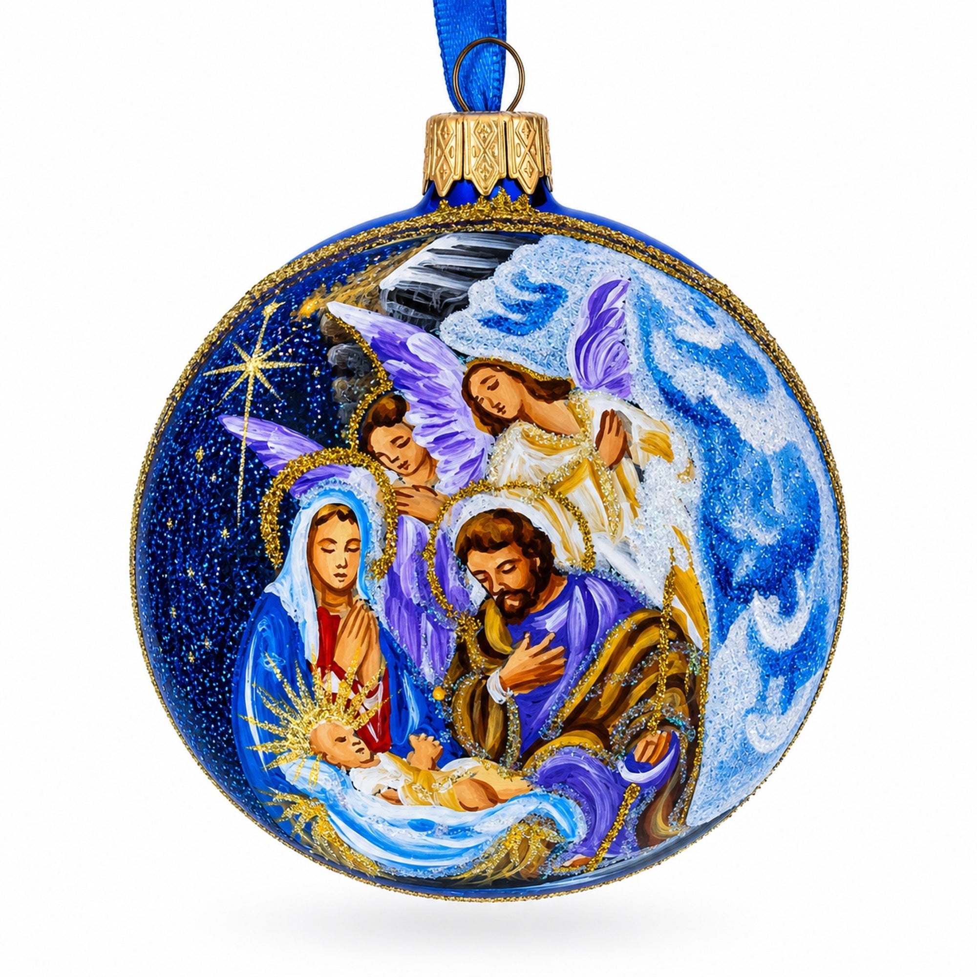 Divine Angels Admiring Jesus Nativity Scene Glass Ball Christmas Ornament 3.25 Inches