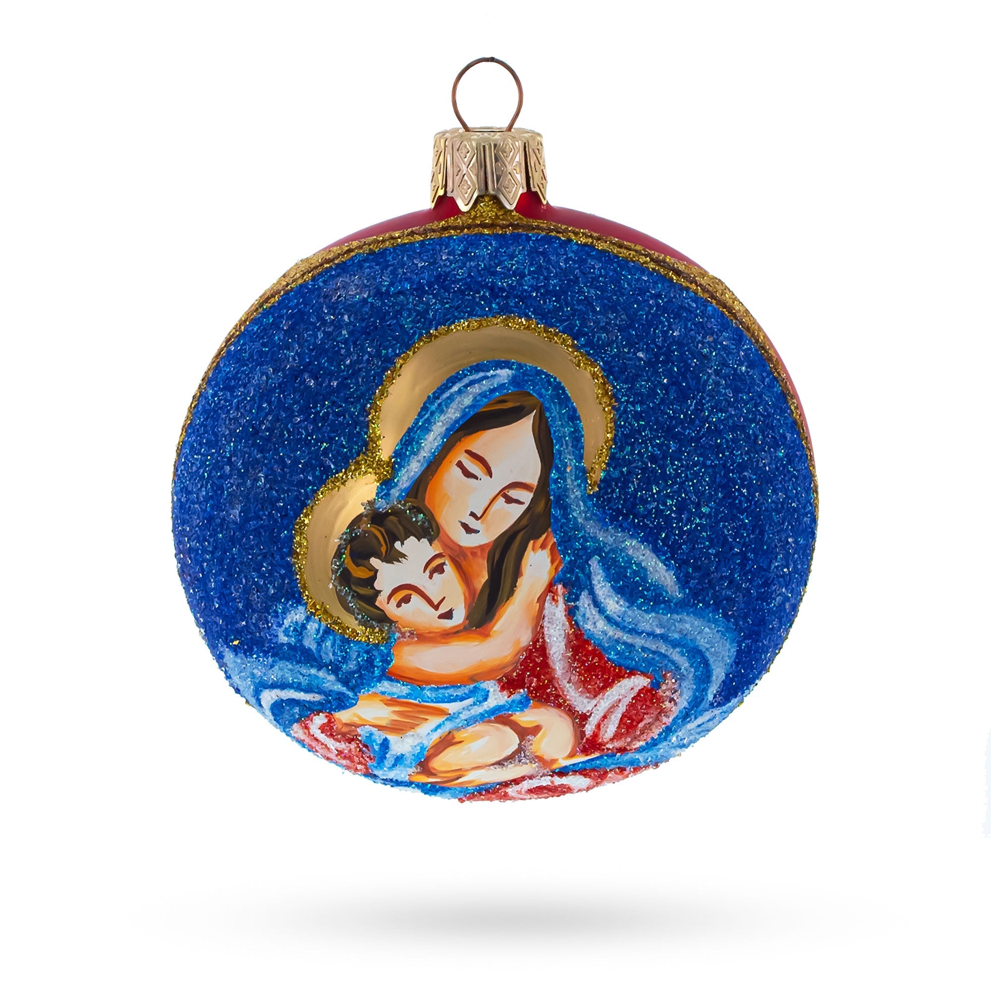 Sacred Virgin Mary Holding Jesus Glass Ball Christmas Ornament 3.25 Inches