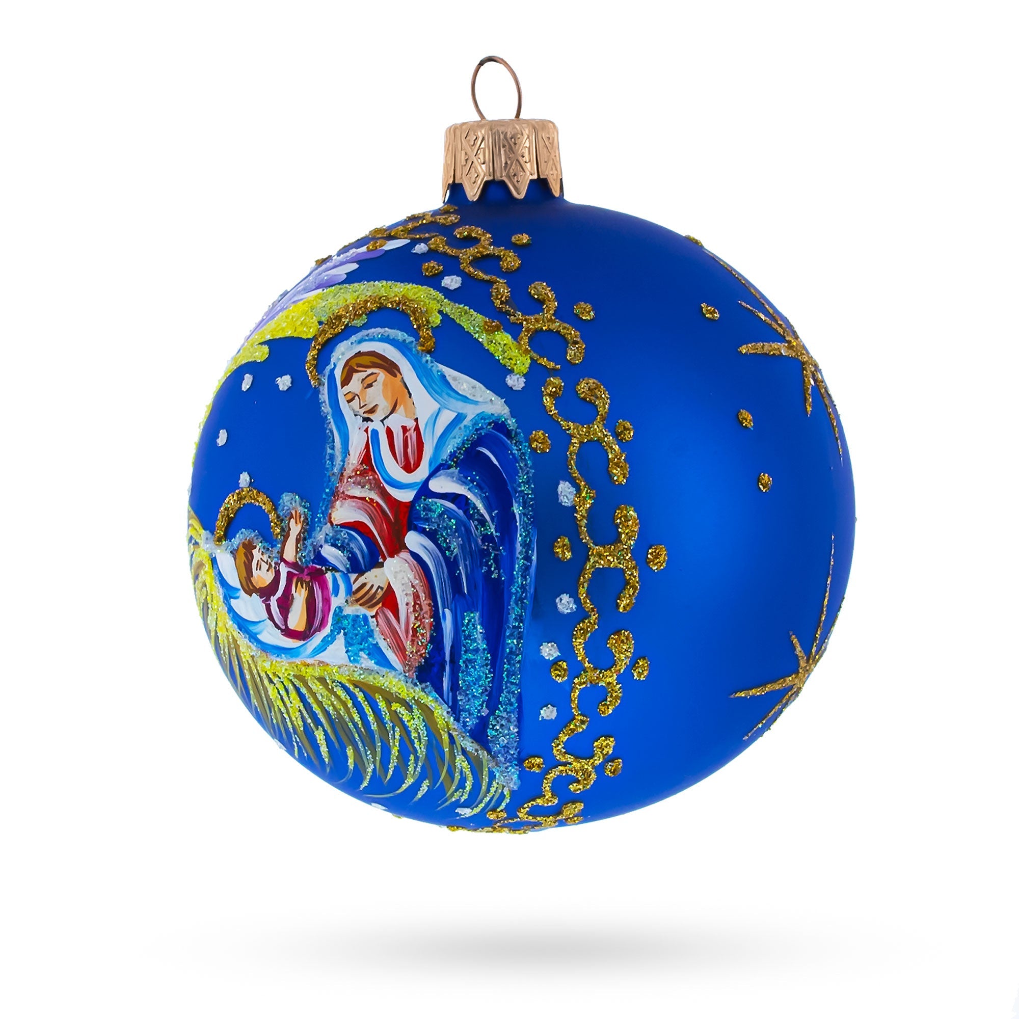 Guardian Angel Overlooking Baby Jesus Nativity Glass Ball Christmas Ornament 3.25 Inches