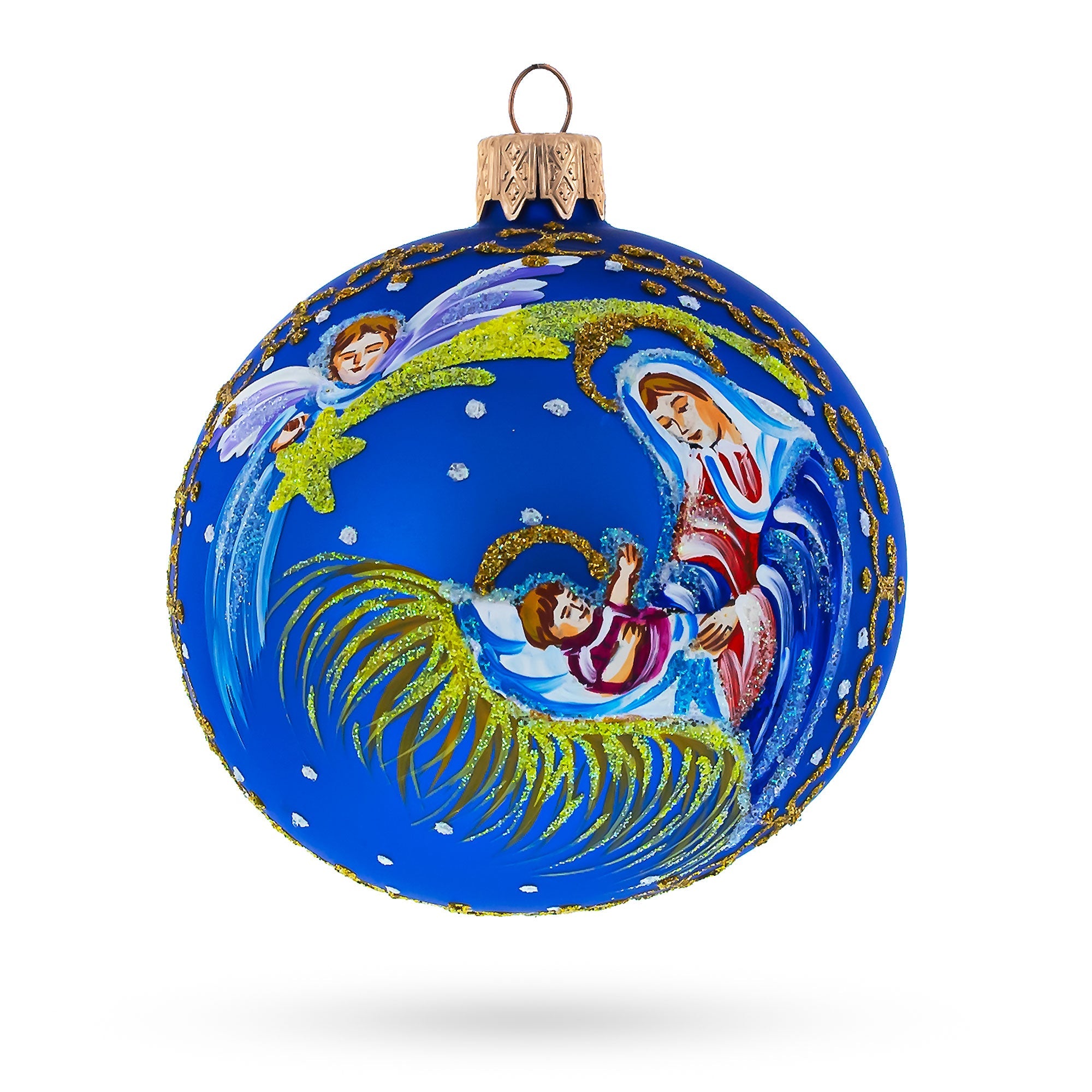 Guardian Angel Overlooking Baby Jesus Nativity Glass Ball Christmas Ornament 3.25 Inches