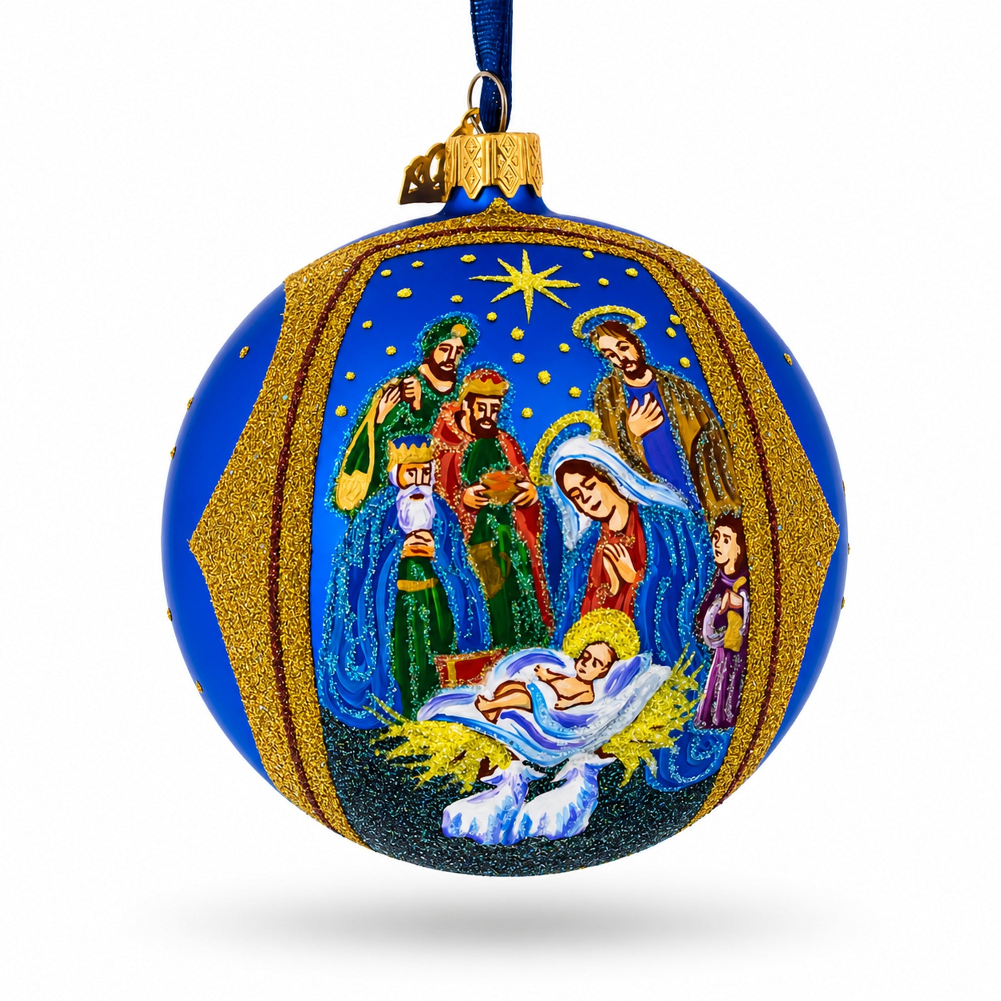 Sacred Nativity Gathering Glass Ball Christmas Ornament 4 Inches