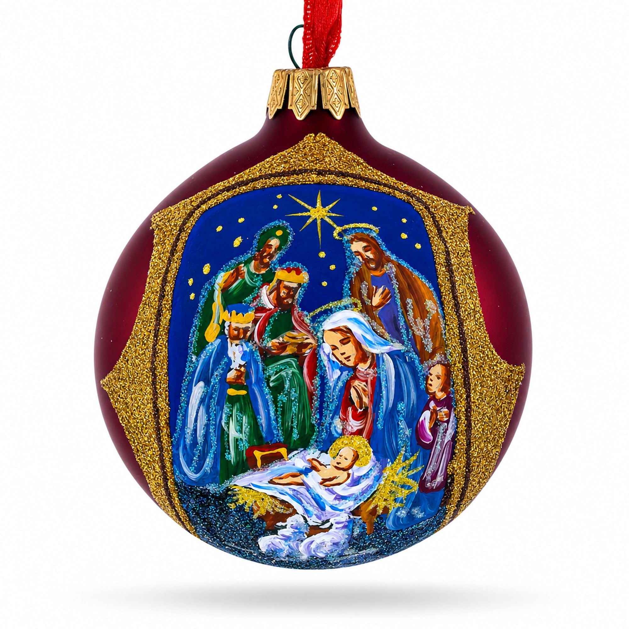 Radiant Nativity Scene in Red Tone Glittered Glass Ball Christmas Ornament 3.25 Inches
