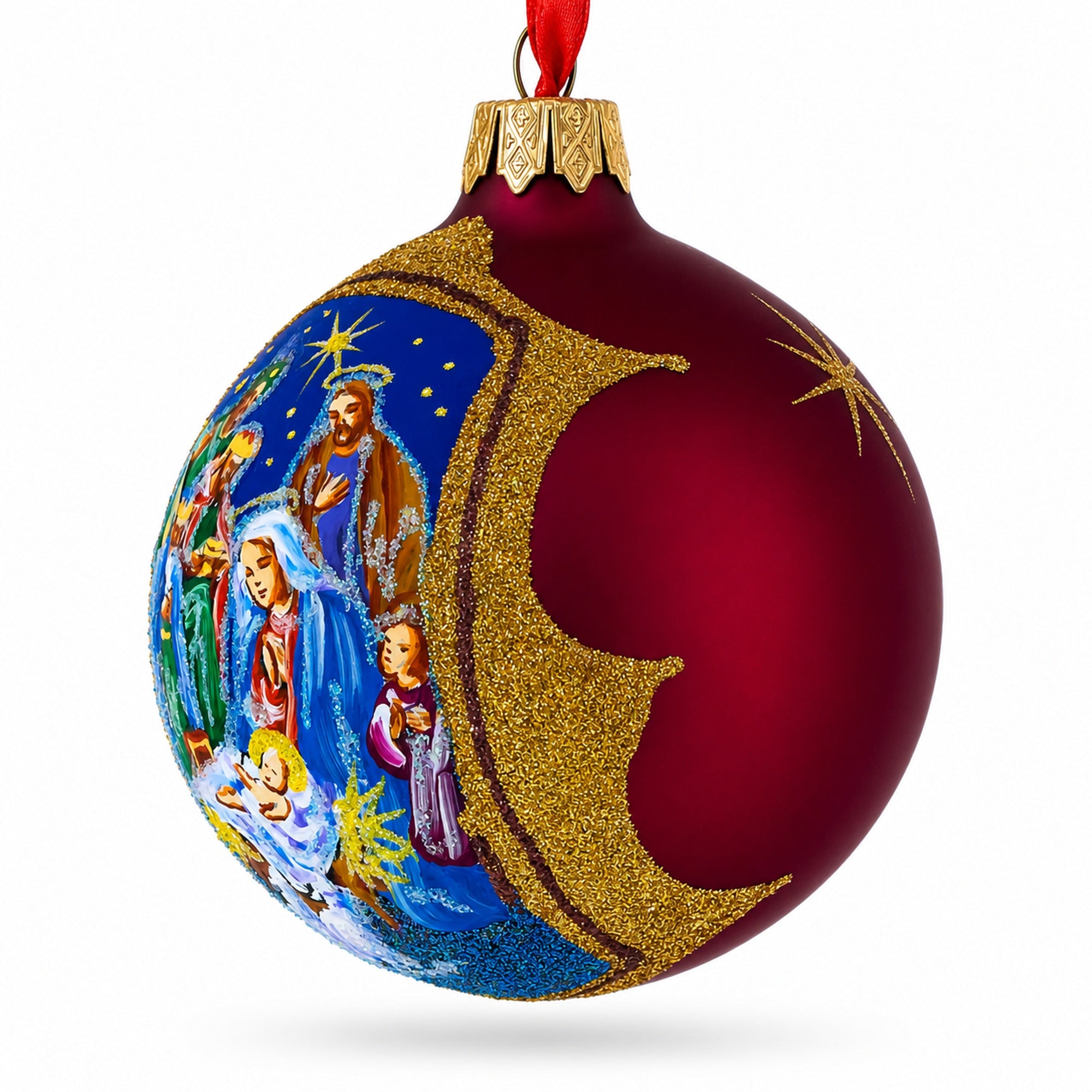 Radiant Nativity Scene in Red Tone Glittered Glass Ball Christmas Ornament 3.25 Inches