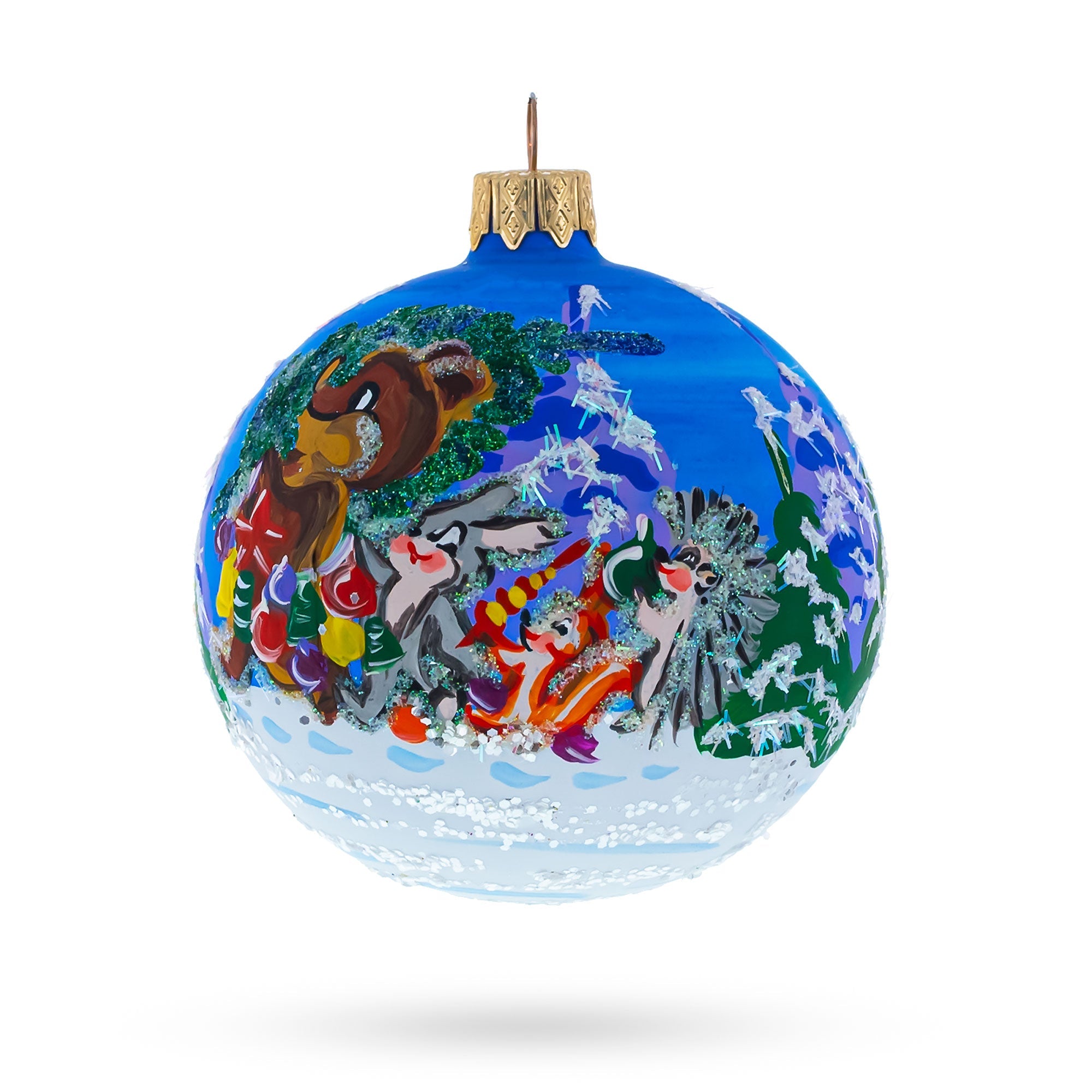 Bear with Rabbit and Fox Glass Ball Ornament 3.25 Inches