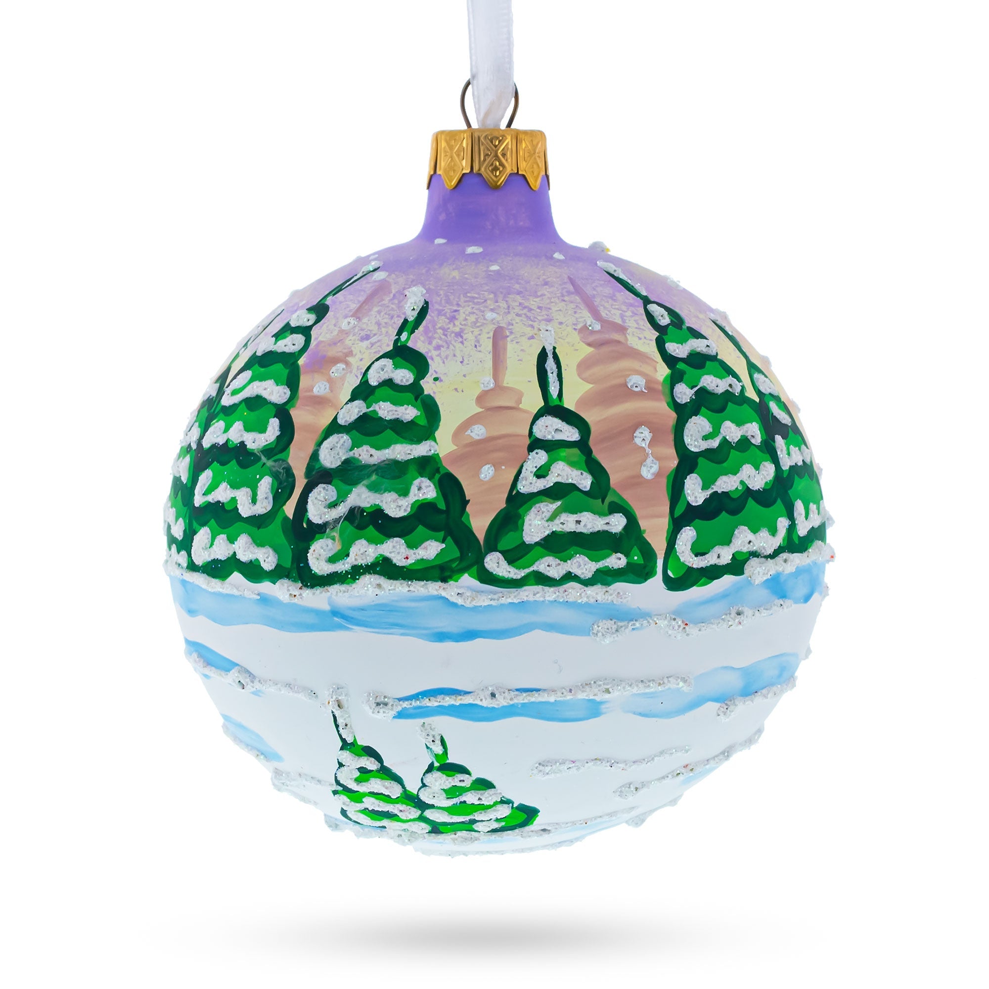 Majestic Santa in Winter Riding 3 White Horses Glass Ball Christmas Ornament 4 Inches