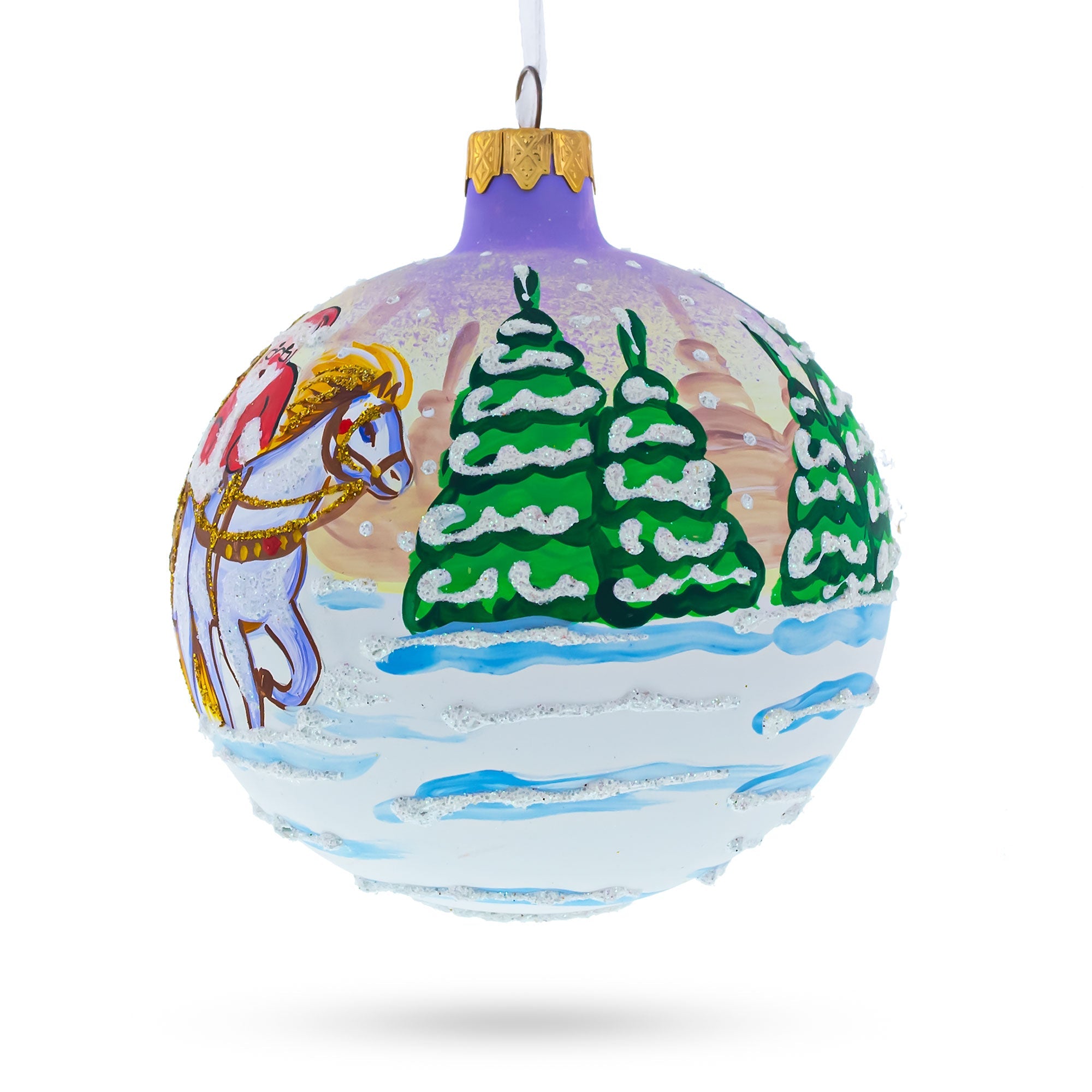 Majestic Santa in Winter Riding 3 White Horses Glass Ball Christmas Ornament 3.25 Inches
