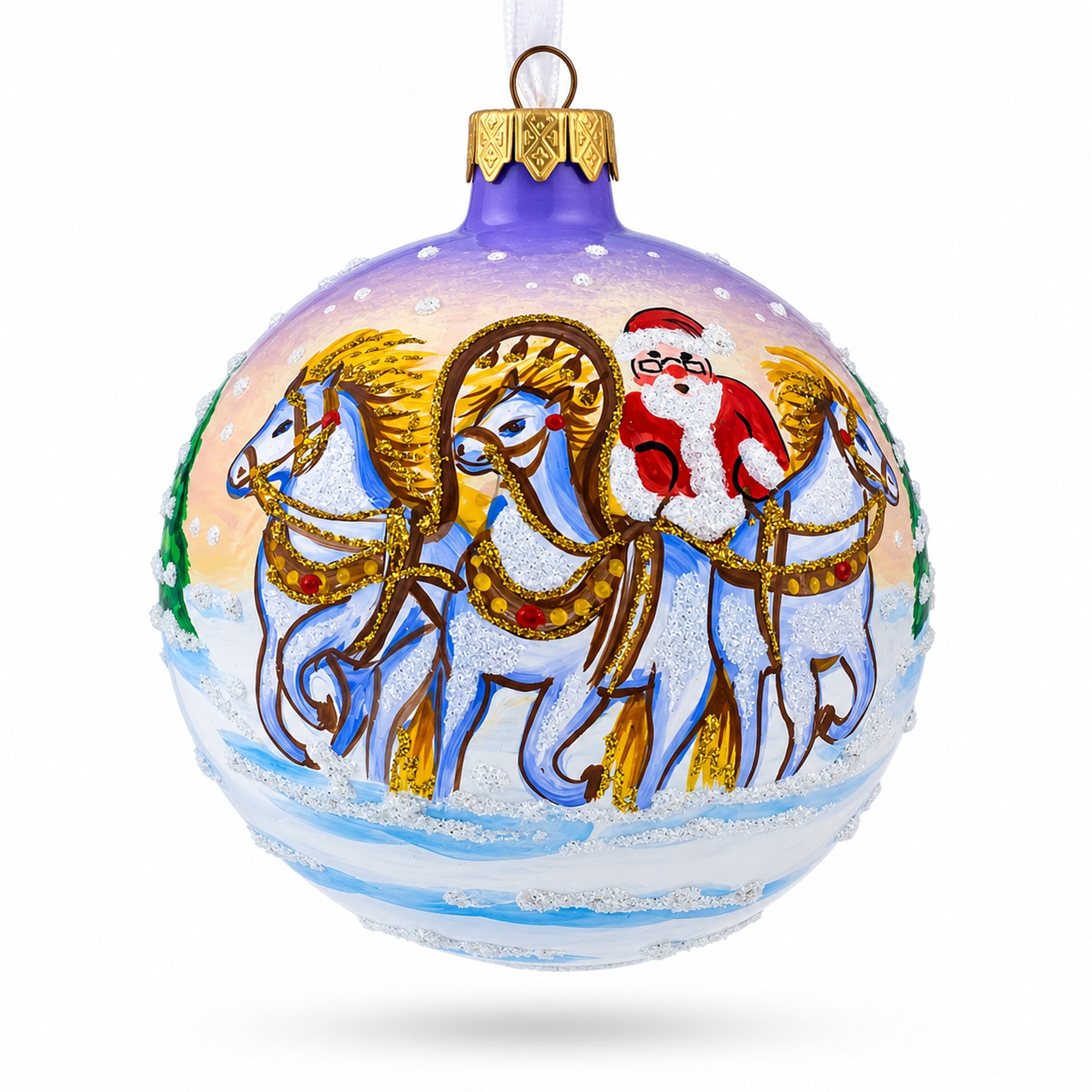 Majestic Santa in Winter Riding 3 White Horses Glass Ball Christmas Ornament 3.25 Inches