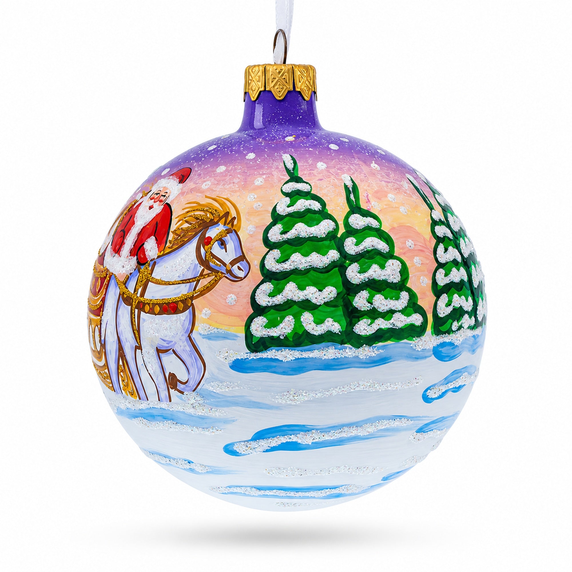Majestic Santa in Winter Riding 3 White Horses Glass Ball Christmas Ornament 3.25 Inches