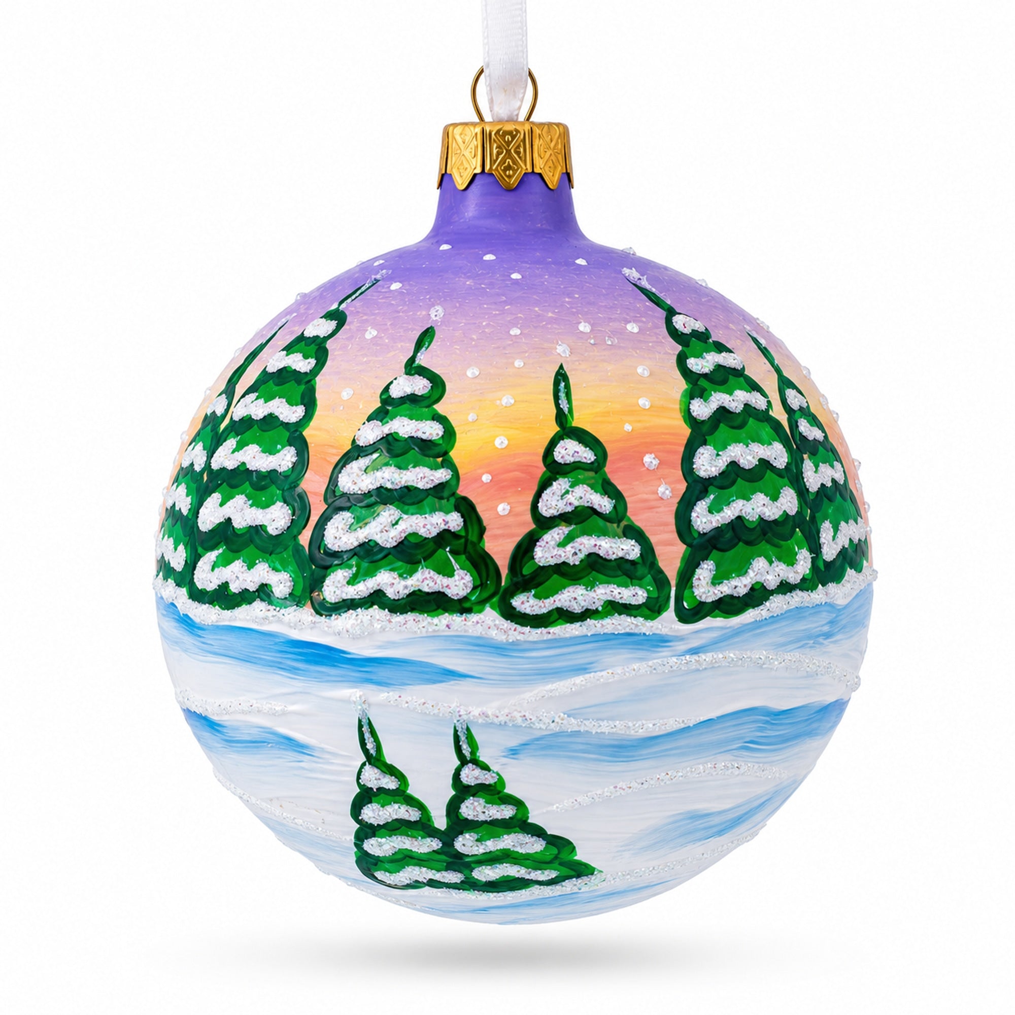 Majestic Santa in Winter Riding 3 White Horses Glass Ball Christmas Ornament 3.25 Inches
