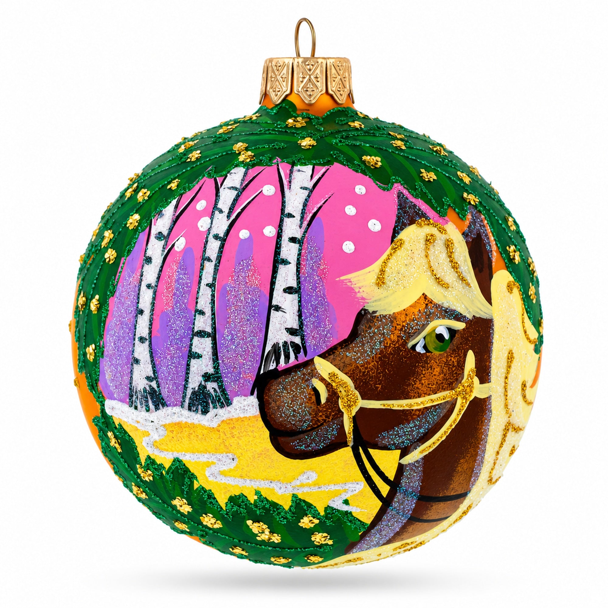 Serene Horse in the Forest Glass Ball Christmas Ornament 4 Inches