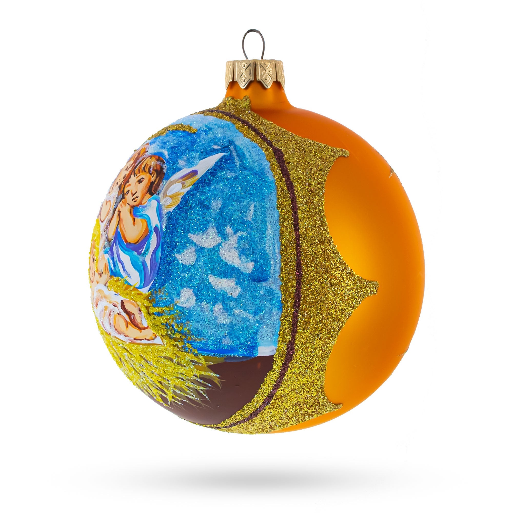 Divine Angels Overlooking Baby Jesus Glass Ball Christmas Ornament 4 Inches