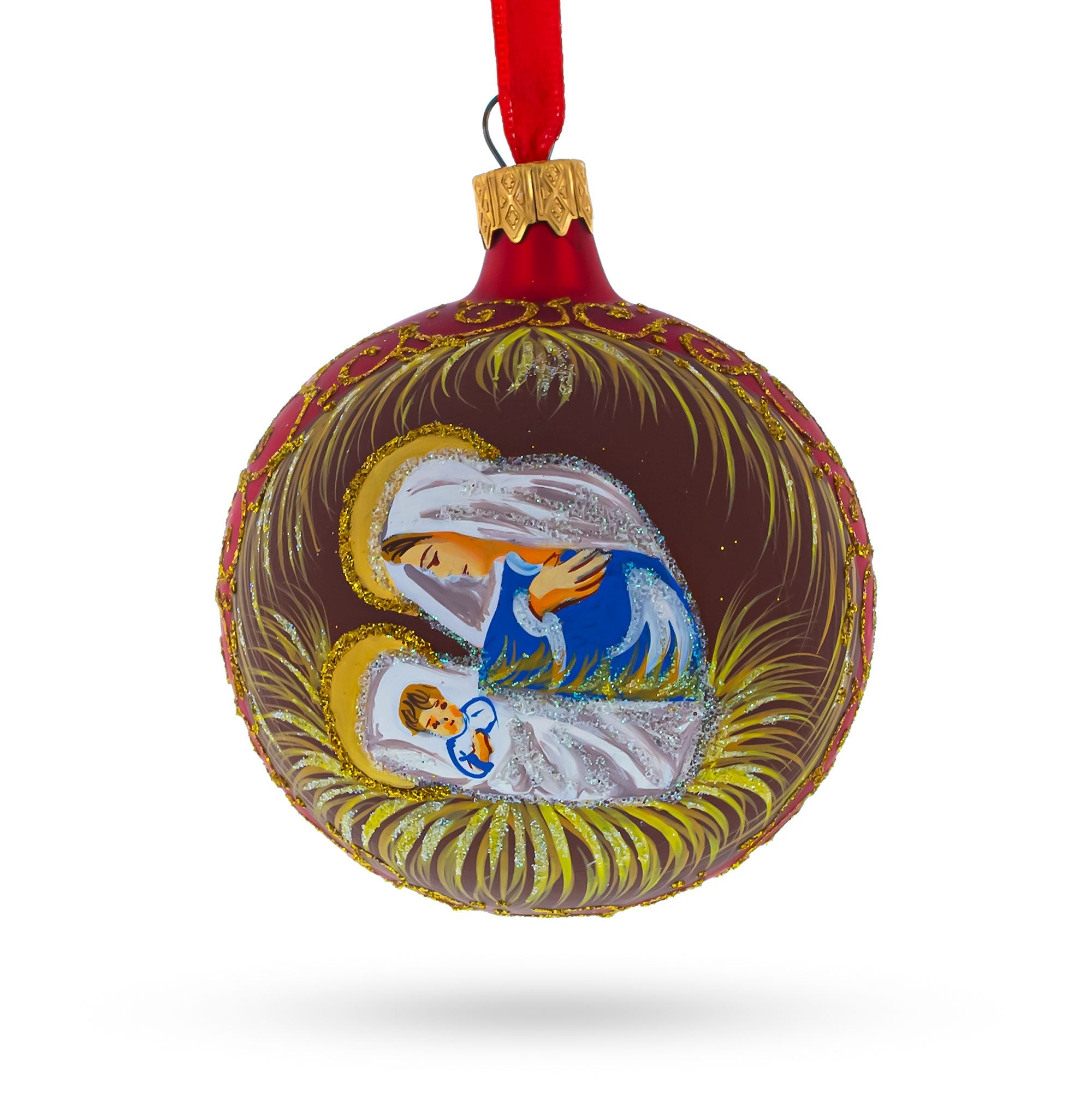 Sacred Mary Overlooking Jesus Nativity Glass Ball Christmas Ornament 3.25 Inches