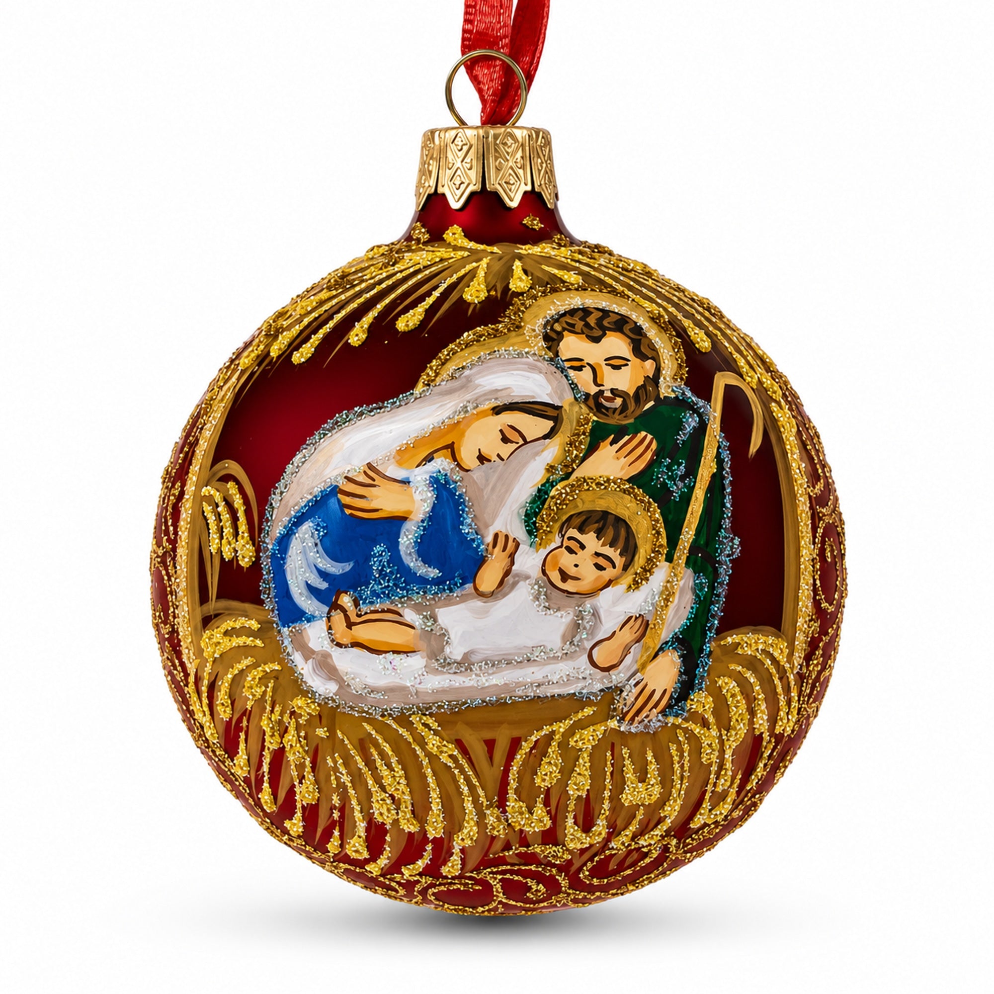 Holy Family Admires Jesus Nativity Scene Glass Ball Christmas Ornament 3.25 Inches