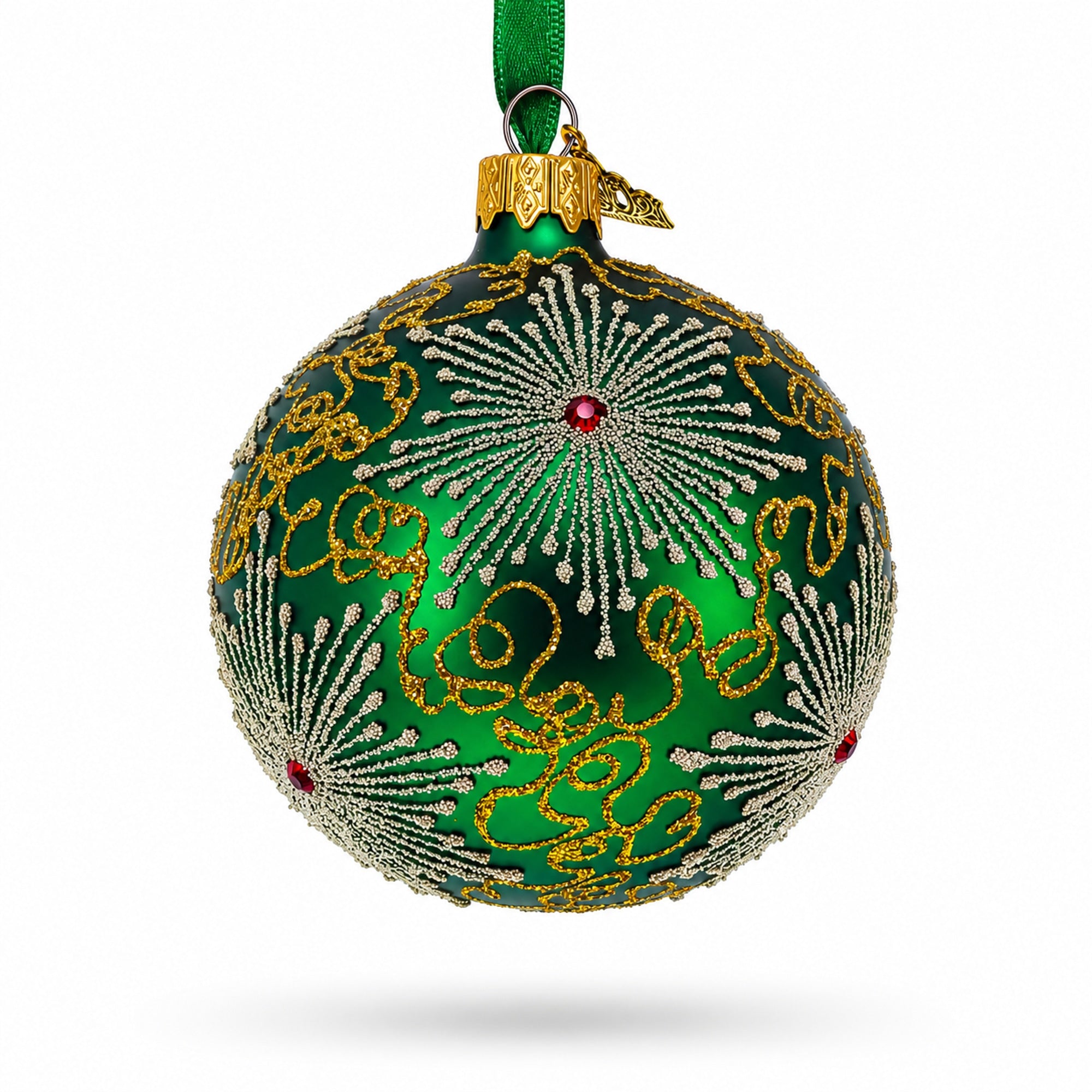 Dazzling Jeweled Snowflakes on Green Glass Ball Christmas Ornament 3.25 Inches