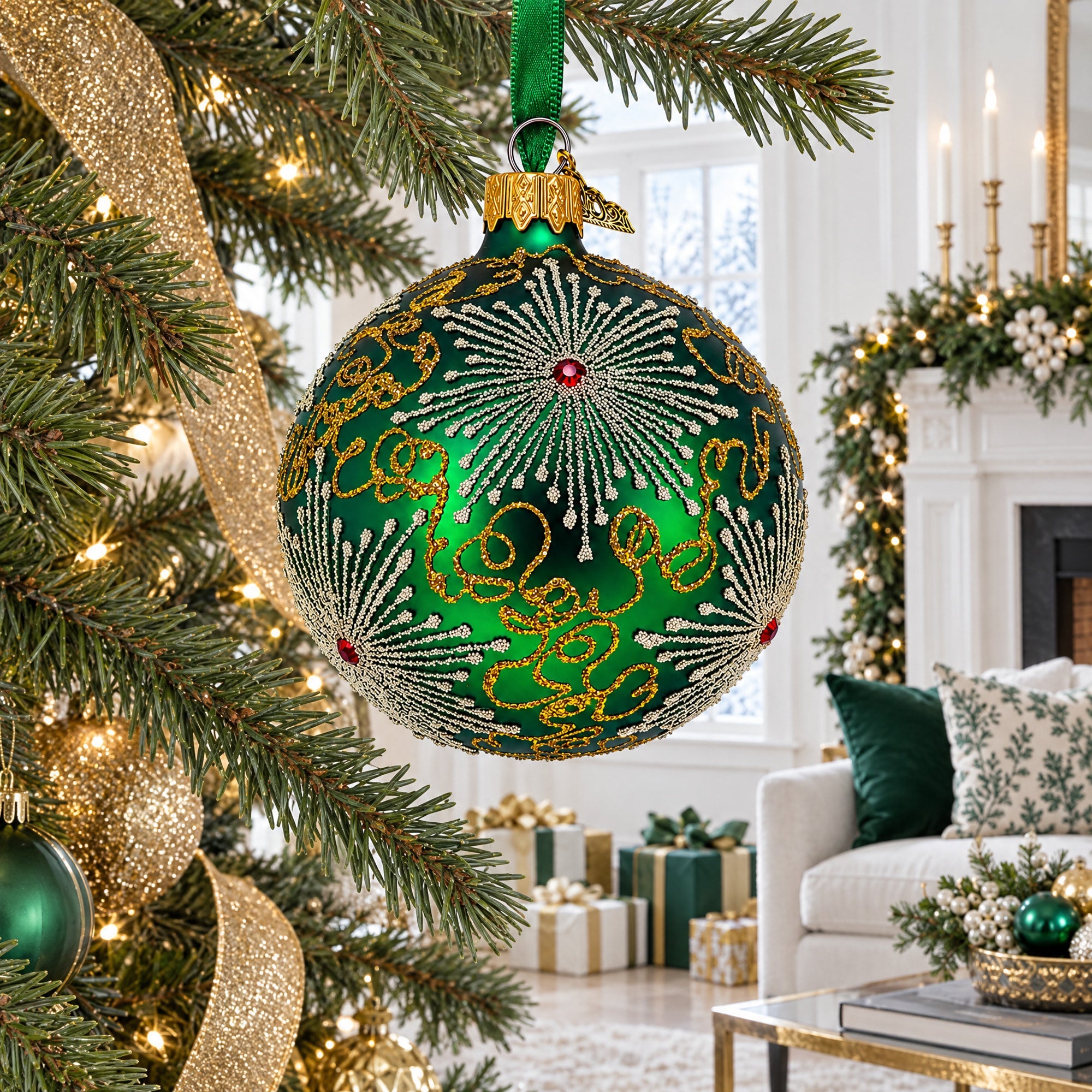 Dazzling Jeweled Snowflakes on Green Glass Ball Christmas Ornament 3.25 Inches