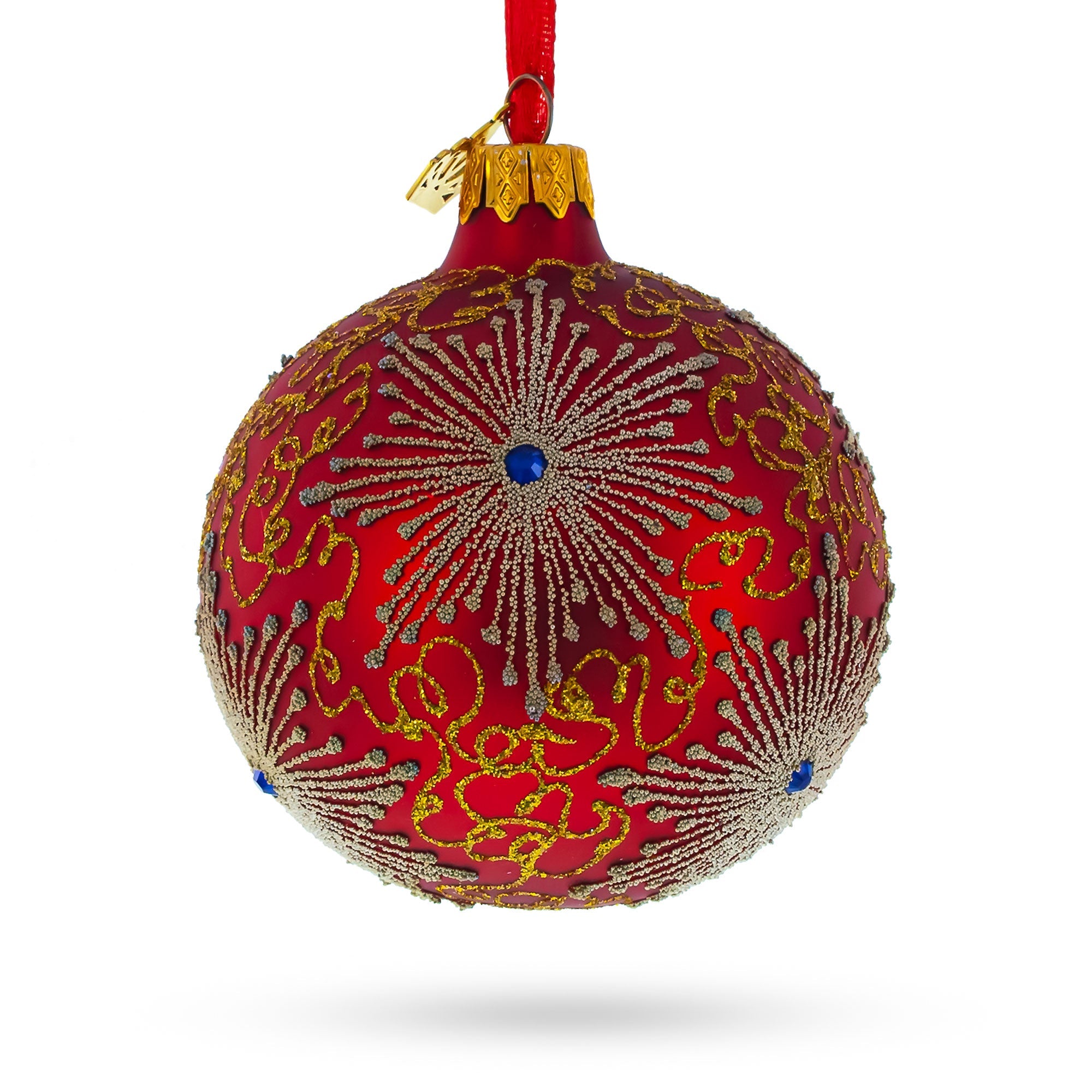 Radiant Jeweled Snowflake on Red Glass Christmas Ornament 3.25 Inches