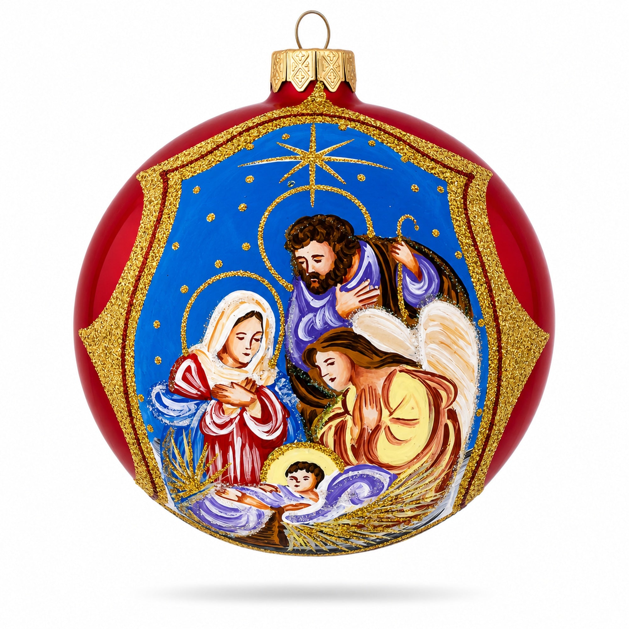 Divine Angel & Holy Family Admiring Jesus Nativity Glass Ball Christmas Ornament 4 Inches