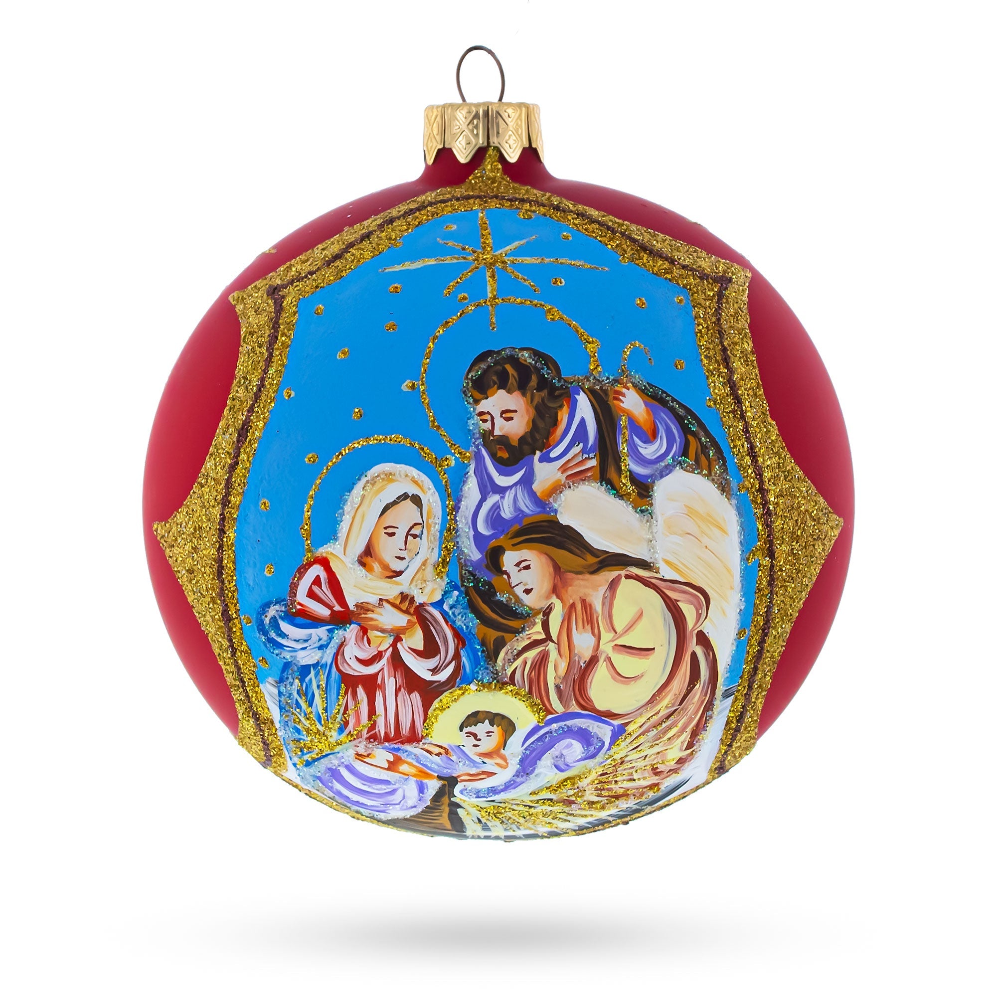 Divine Angel & Holy Family Admiring Jesus Nativity Glass Ball Christmas Ornament 4 Inches