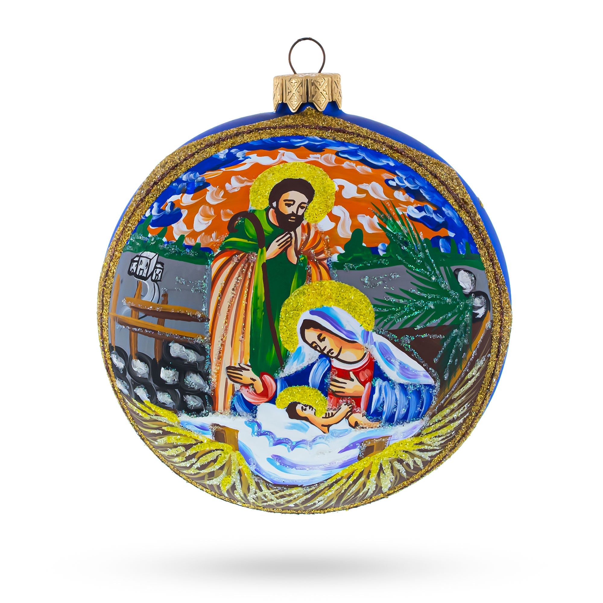 Ethereal Sunset Nativity Scene Glass Ball Christmas Ornament 4 Inches