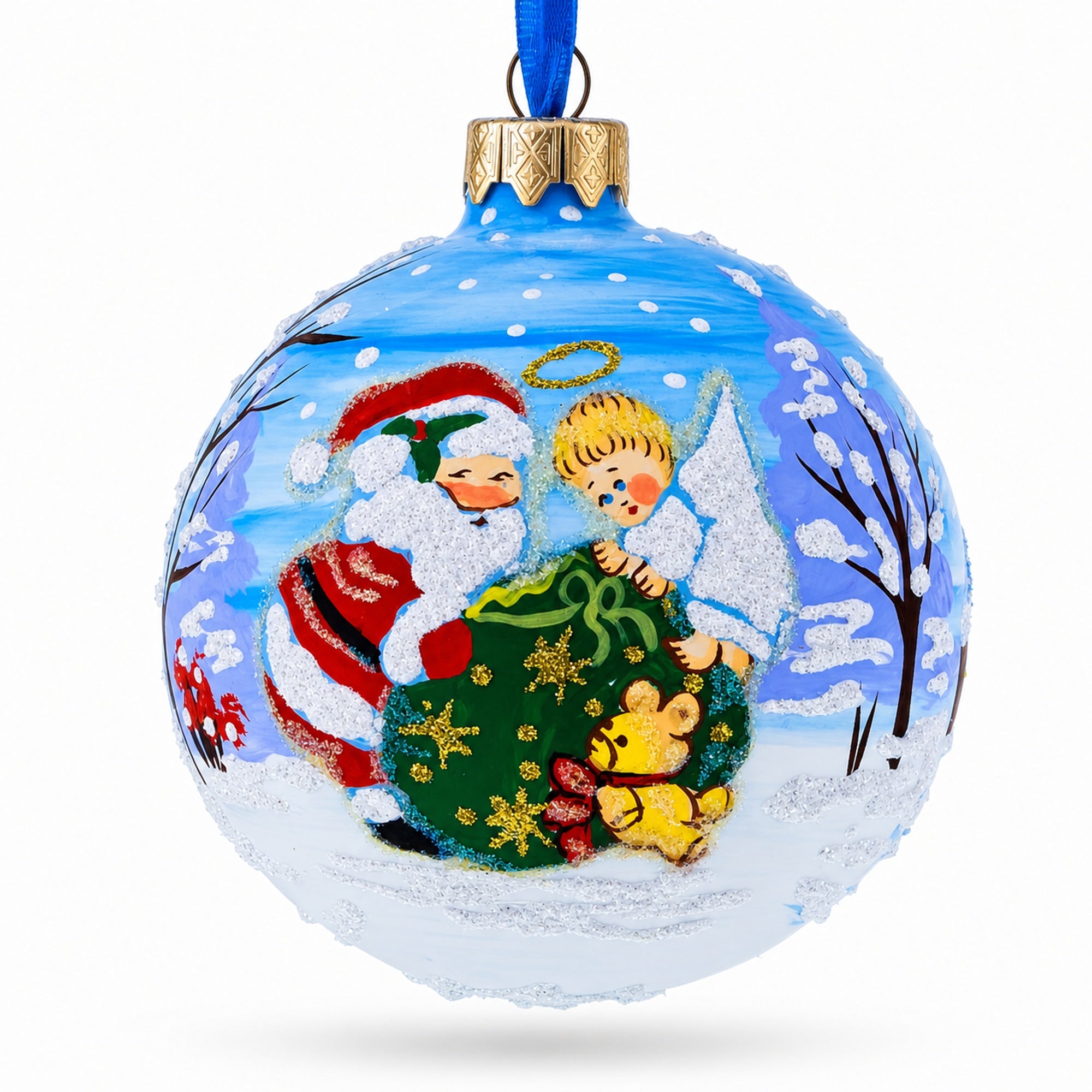 Santa and Angel Blessing Glass Ball Christmas Ornament 3.25 Inches