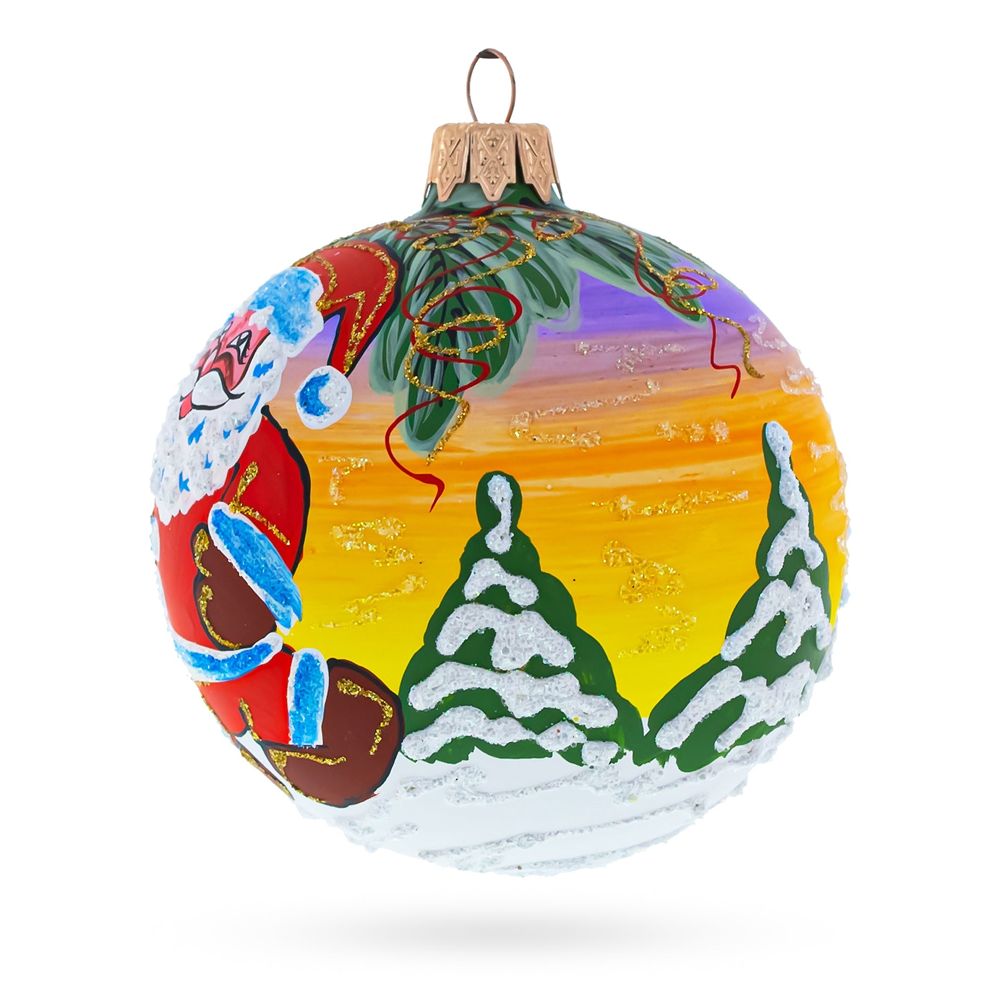 Santa Awaits New Year Holiday Glass Ball Christmas Ornament 3.25 Inches