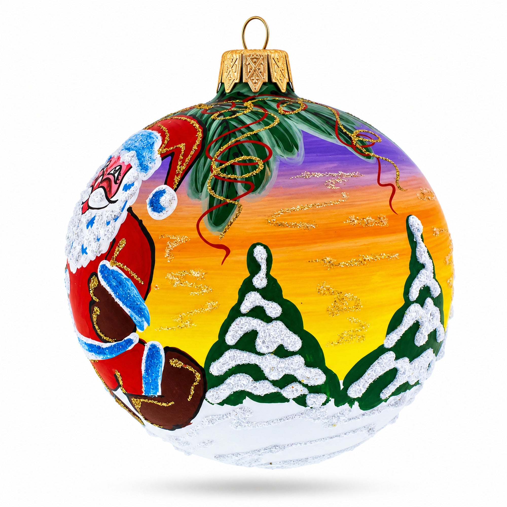 Santa Awaits New Year Holiday Glass Ball Christmas Ornament 3.25 Inches