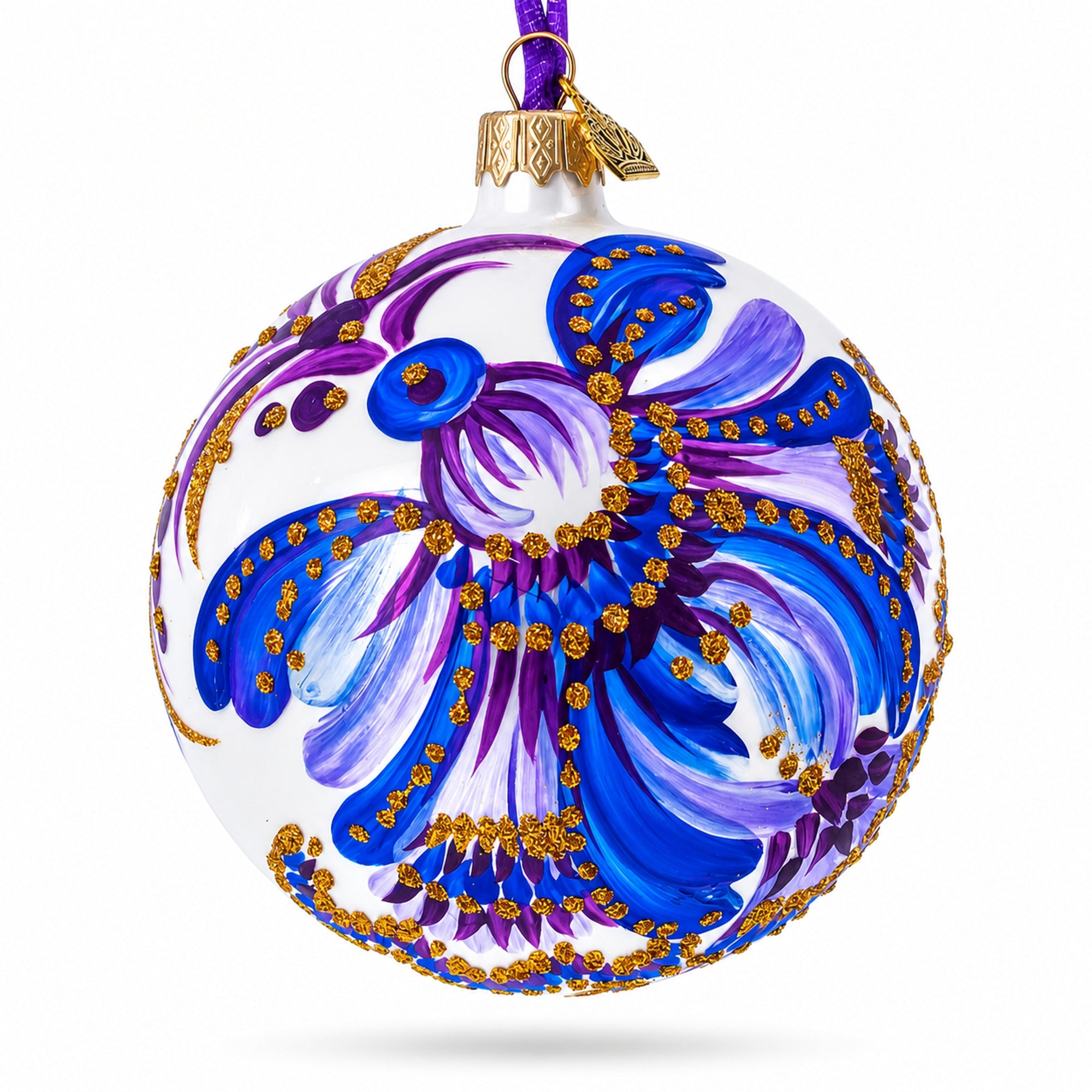 Floral Blue and Gold Glass Ball Christmas Ornament