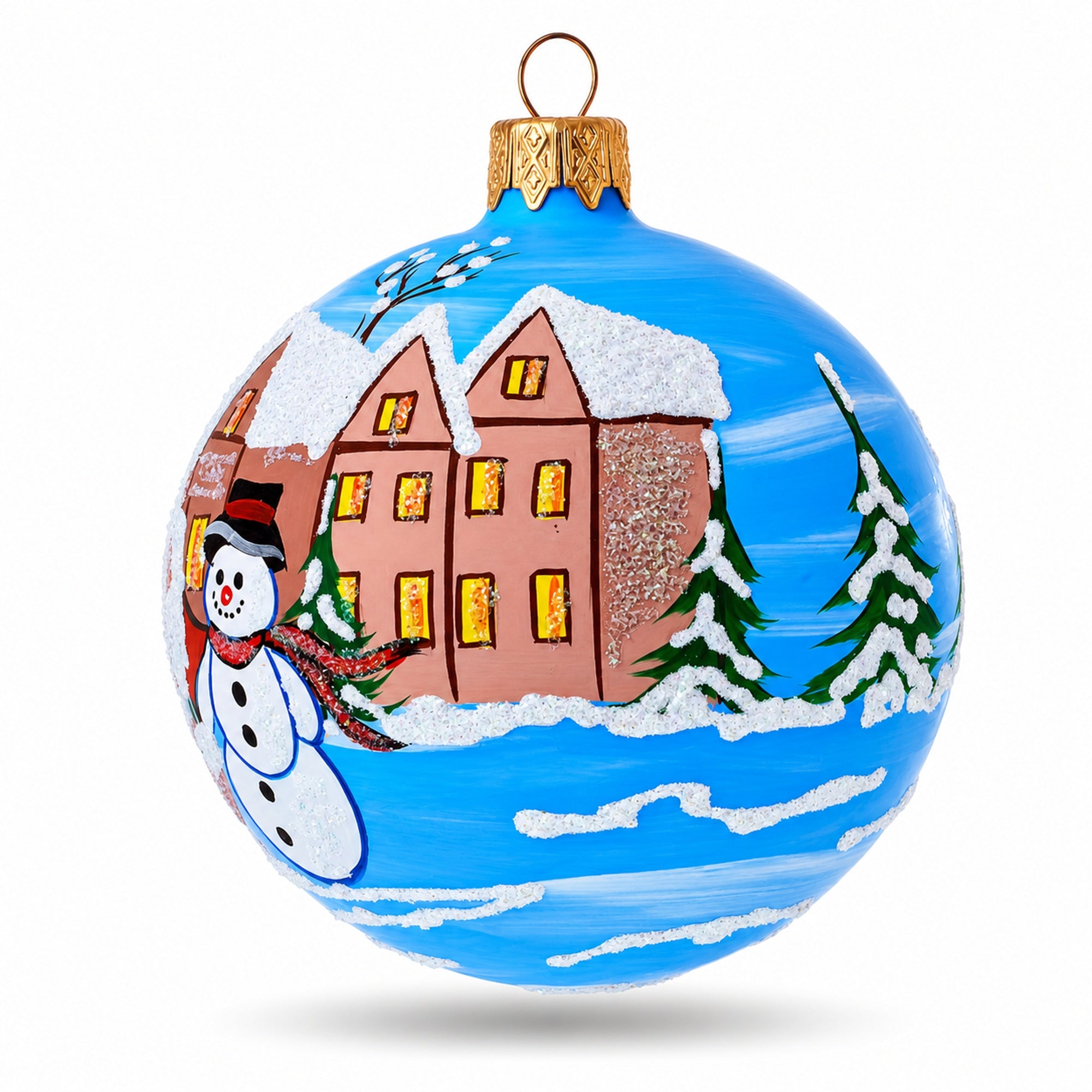 Santa & Snowman Winter Village Scene Glass Ball Christmas Ornament 3.25 Inches