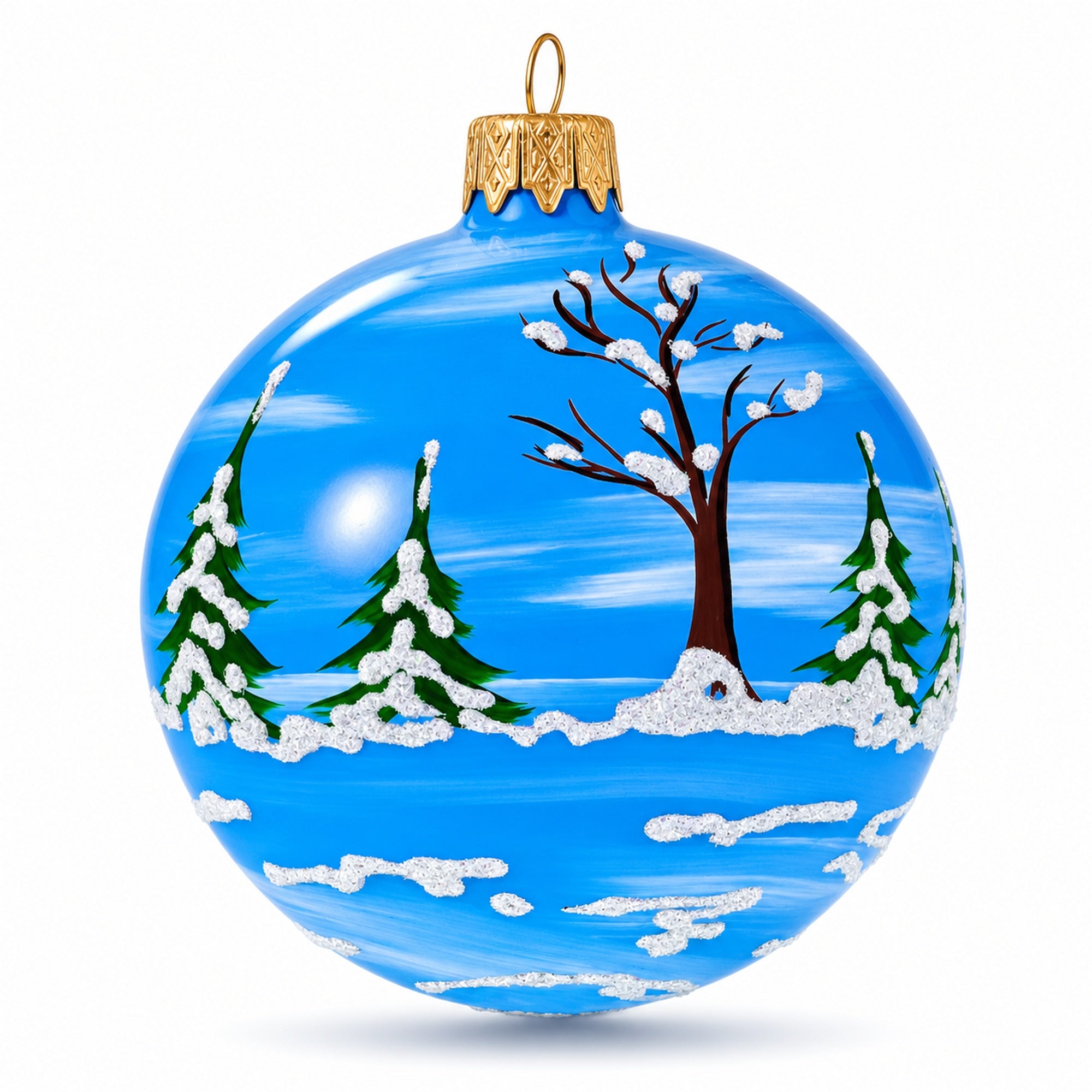 Santa & Snowman Winter Village Scene Glass Ball Christmas Ornament 3.25 Inches