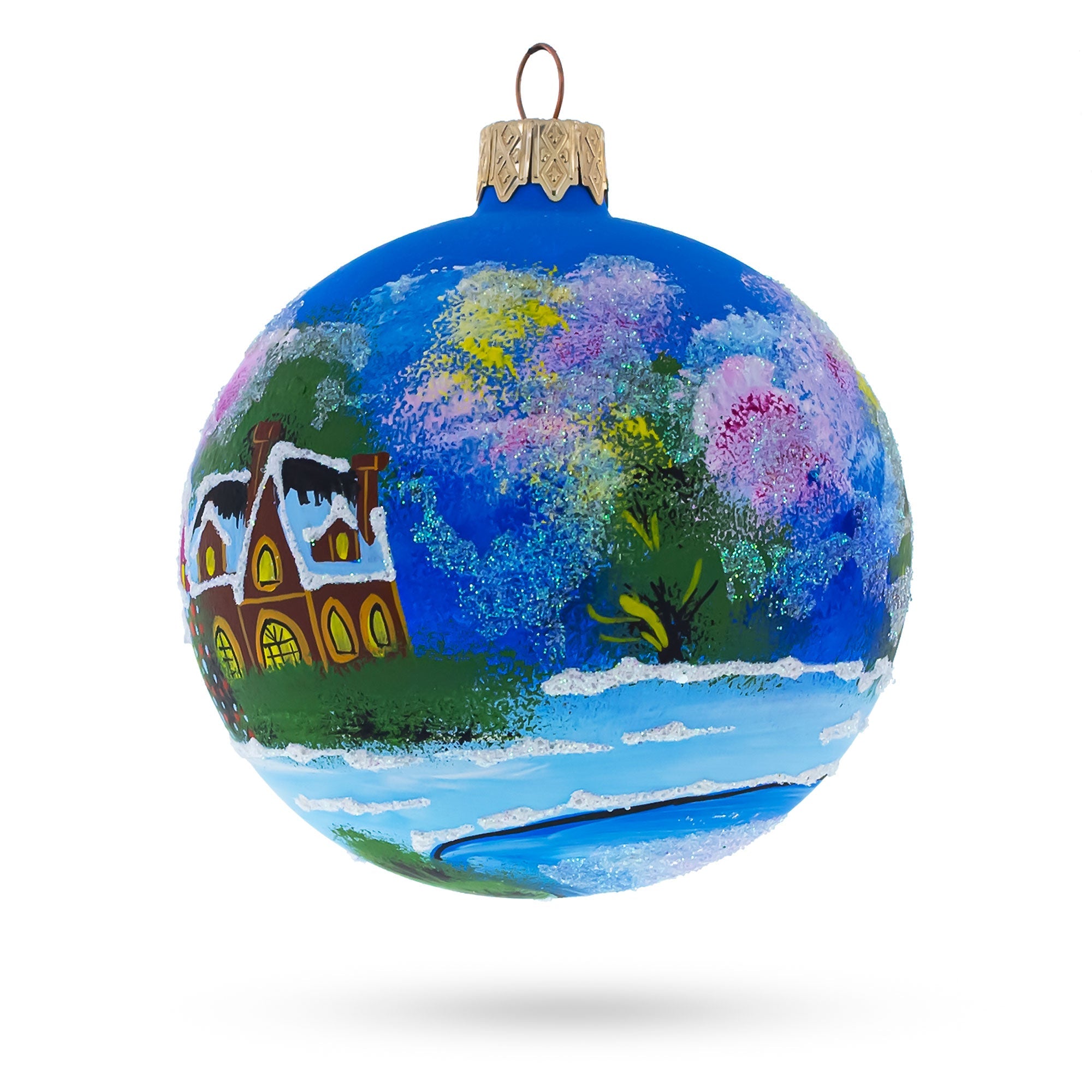 Enchanted Christmas Night Winter Village Glass Ball Ornament 3.25 Inches