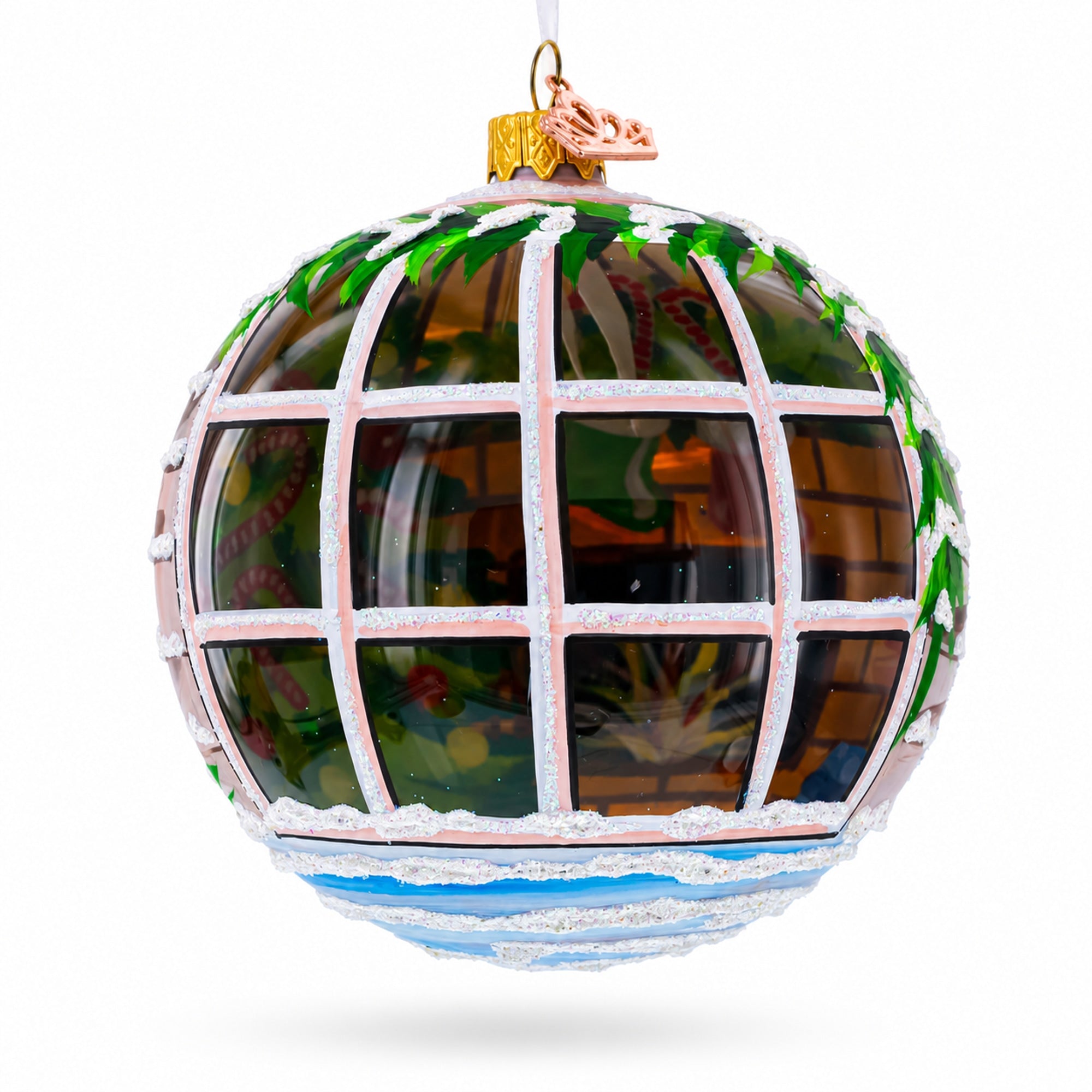 Intriguing Santa Peeking Through House Window Glass Ball Christmas Ornament 4 Inches