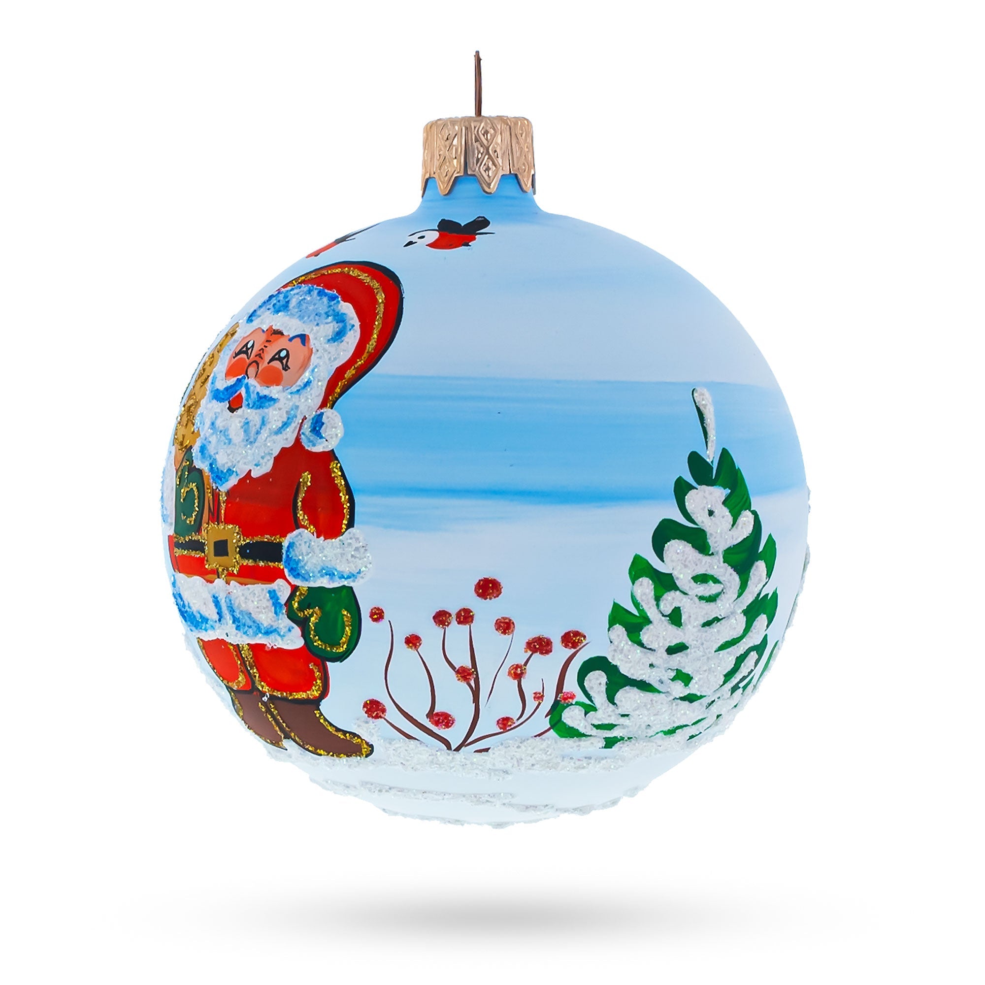 Enchanting Snowman with Bird House and Santa Glass Ball Christmas Ornament 3.25 Inches