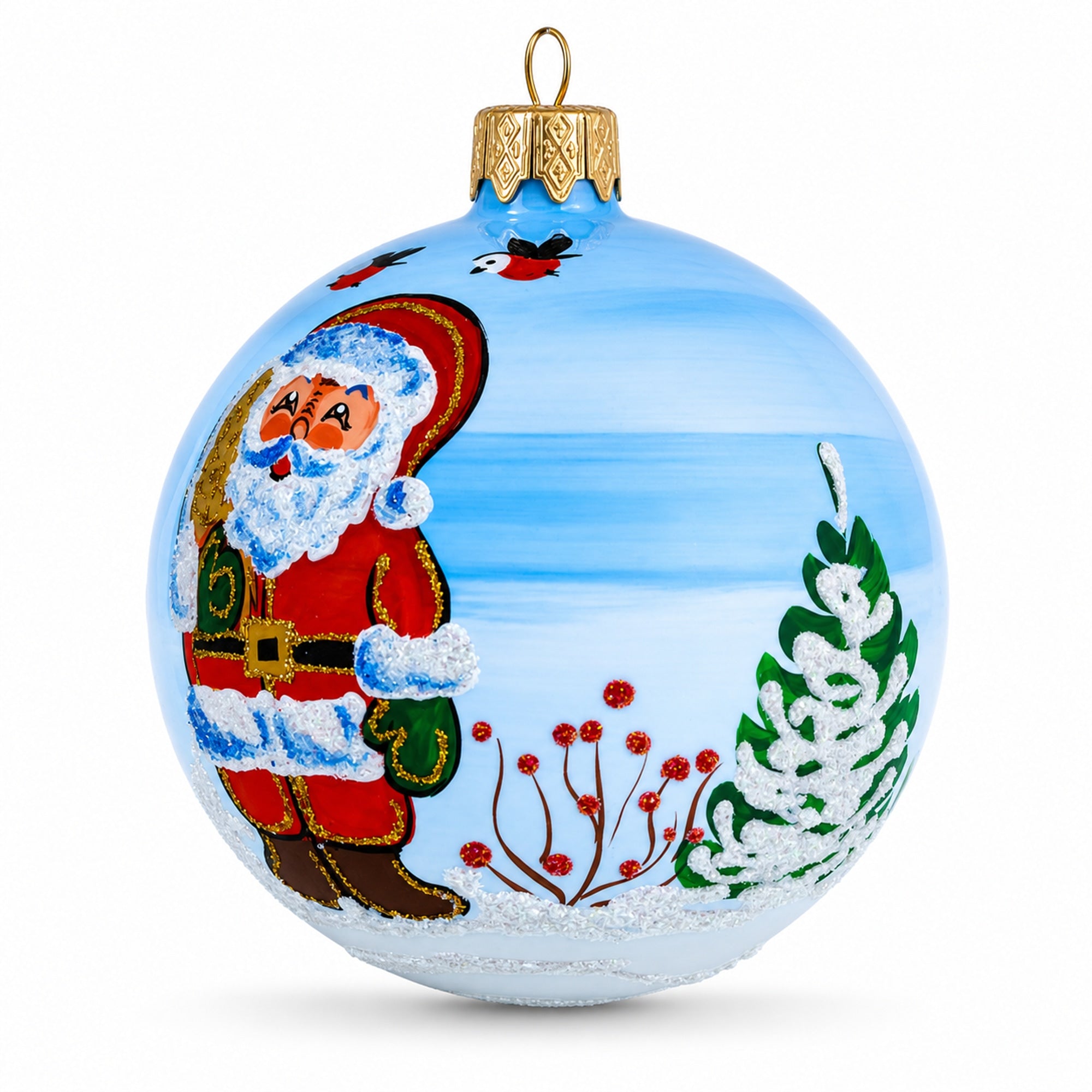 Enchanting Snowman with Bird House and Santa Glass Ball Christmas Ornament 3.25 Inches