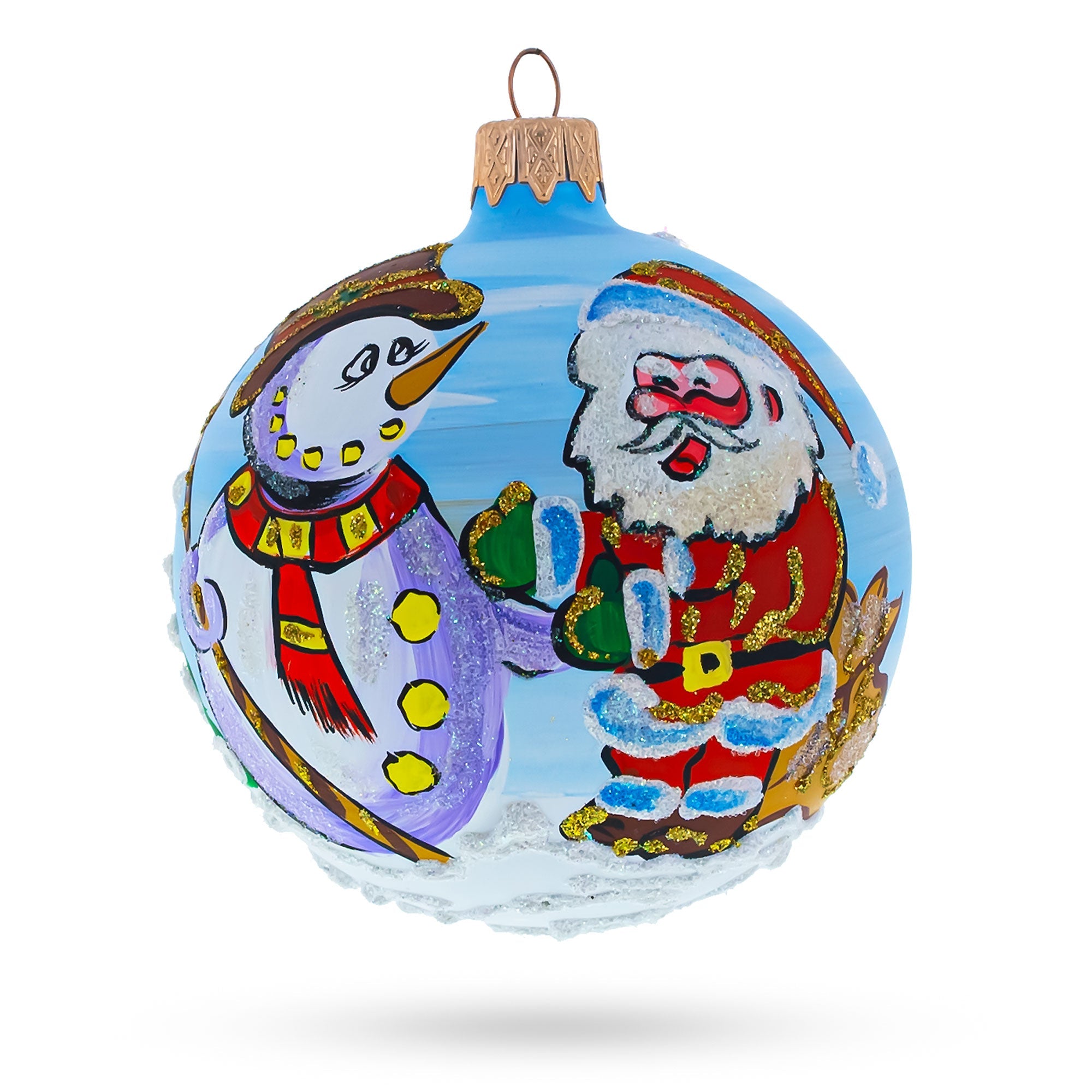 Joyful Laughing Santa with Snowman Glass Ball Christmas Ornament 3.25 Inches