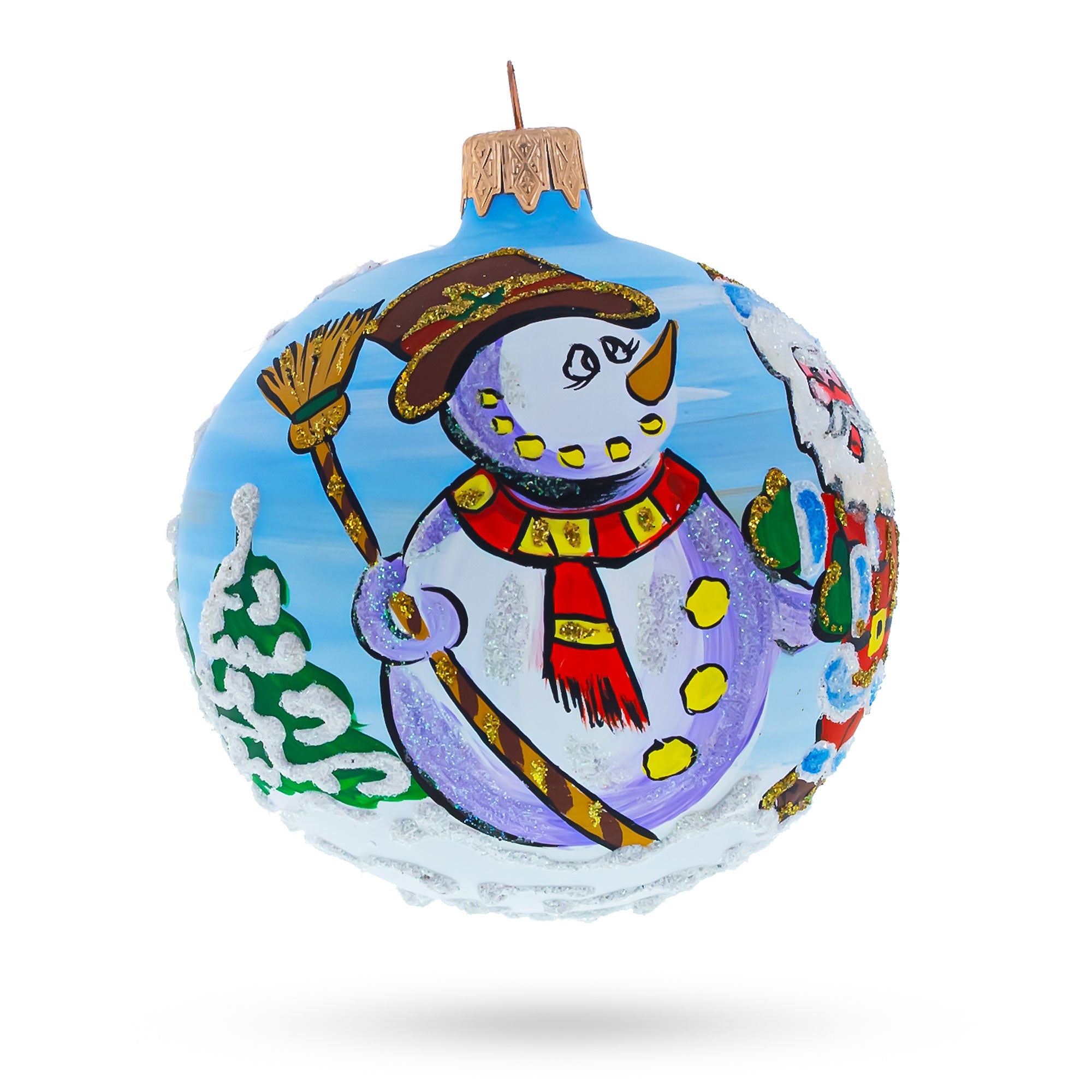 Joyful Laughing Santa with Snowman Glass Ball Christmas Ornament 3.25 Inches