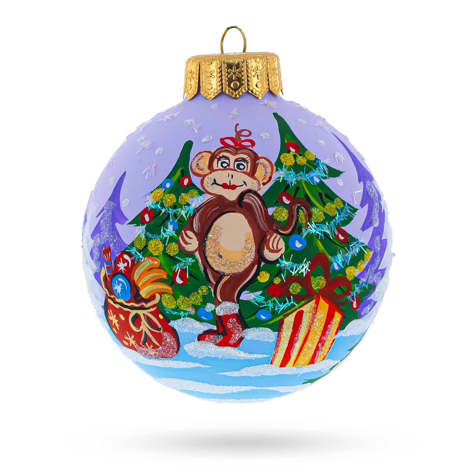 Monkey with Christmas Gifts Glass Ball Christmas Ornament 4 Inches