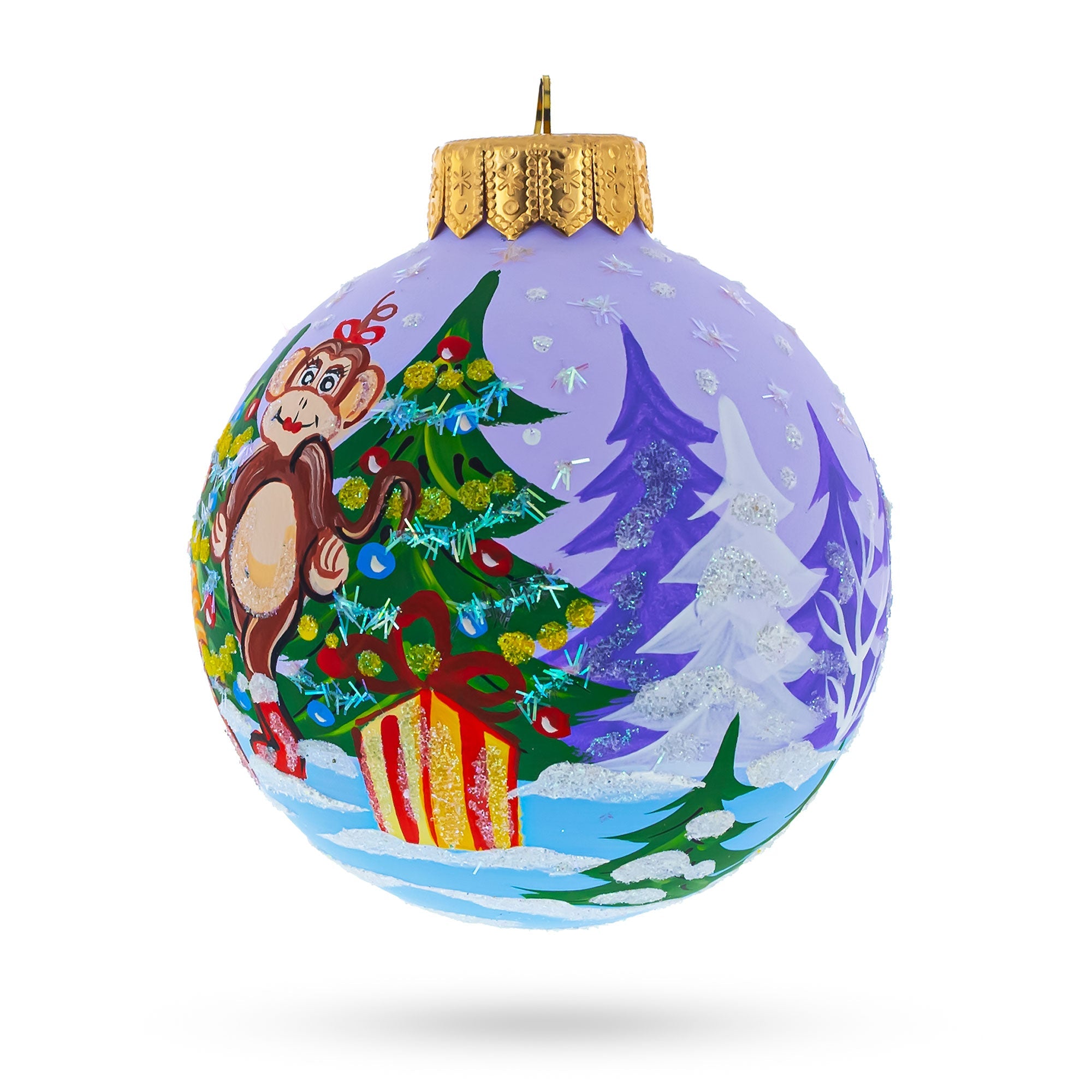 Monkey with Christmas Gifts Glass Ball Christmas Ornament 4 Inches