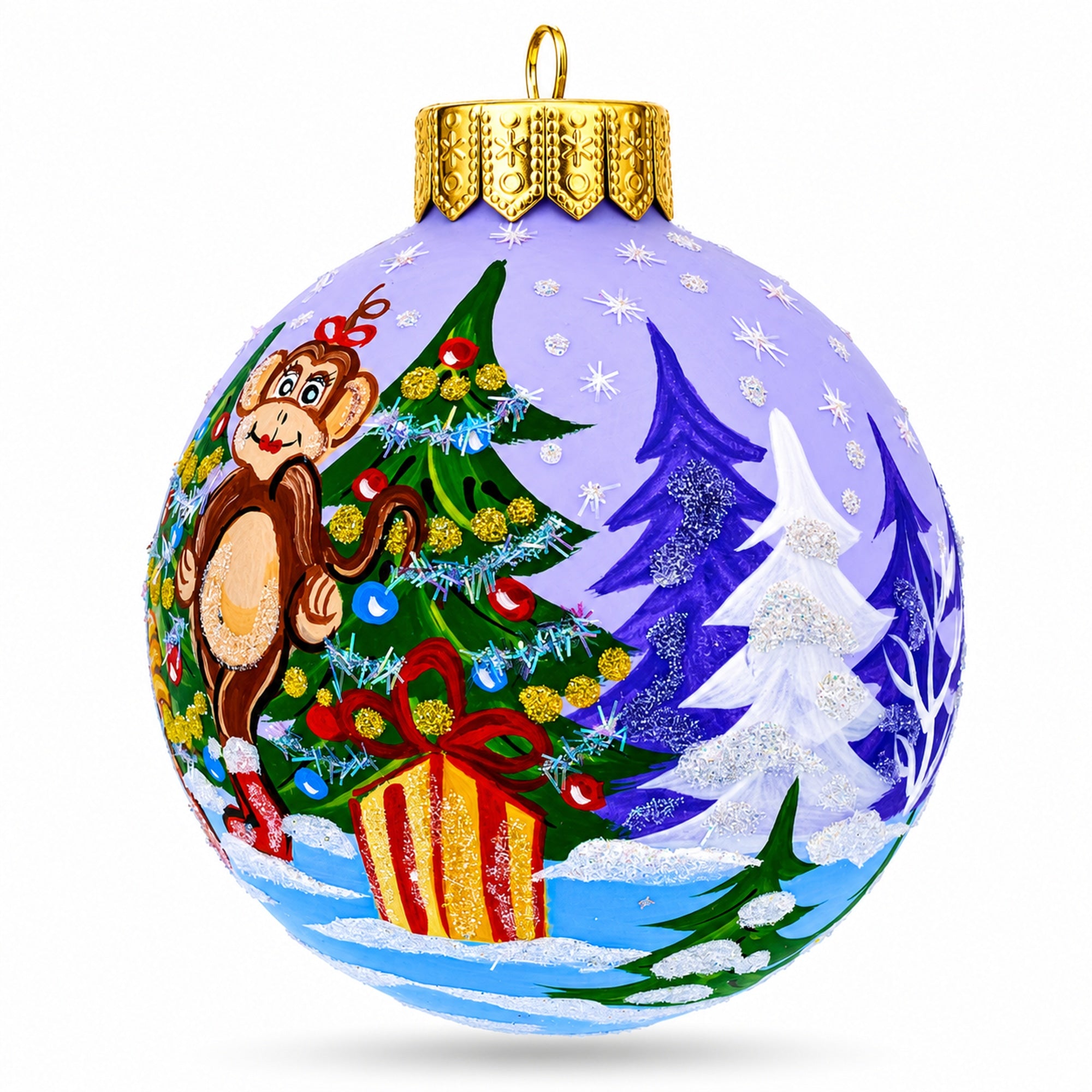Monkey with Christmas Gifts Glass Ball Christmas Ornament 4 Inches