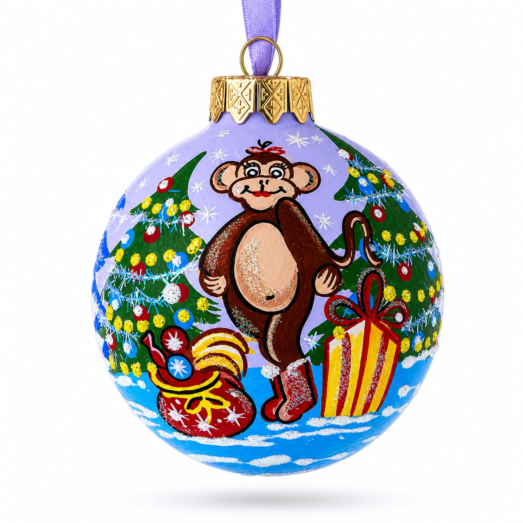 Monkey with Christmas Tree and Gifts Glass Ball Christmas Ornament 3.25 Inches
