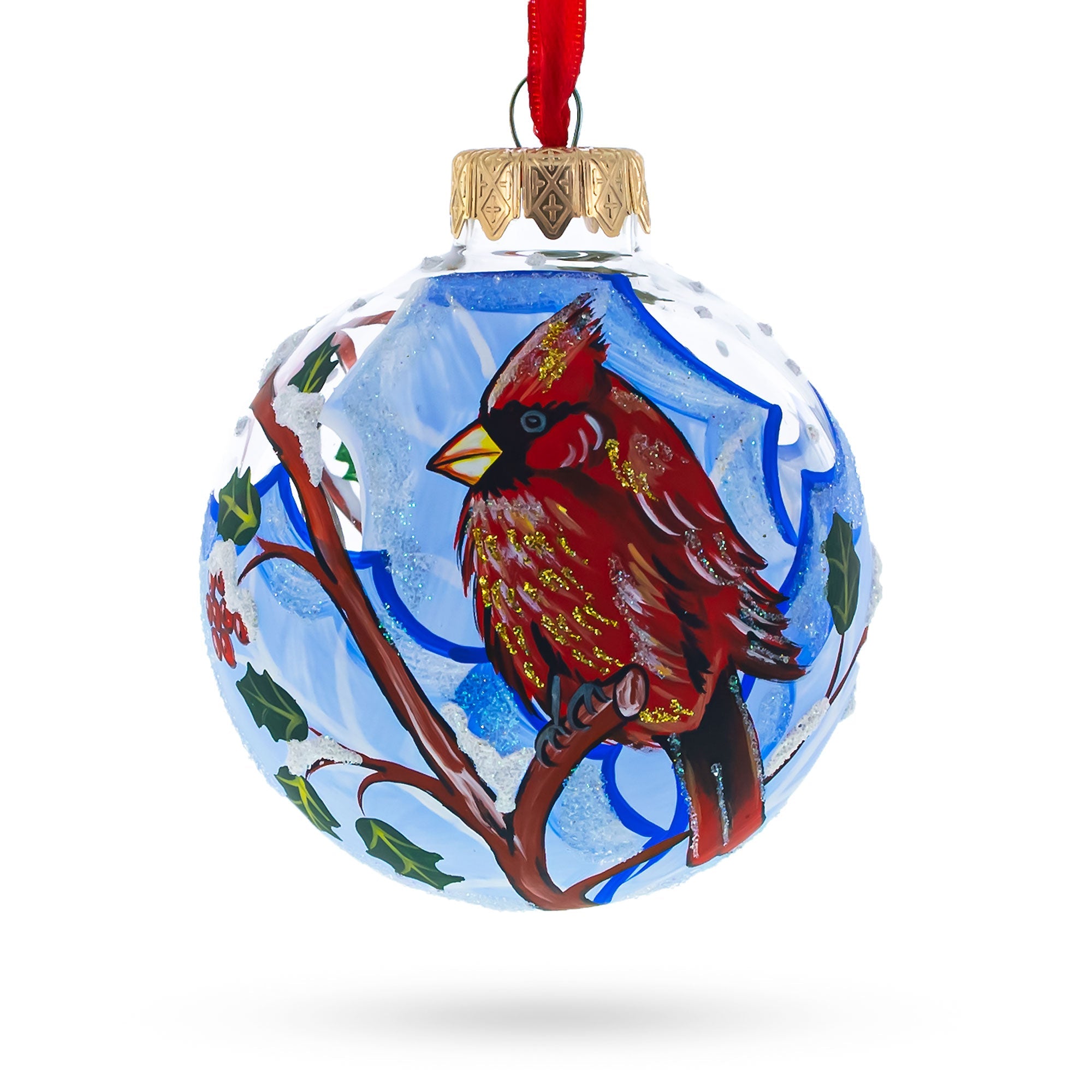 Cardinal Winter Scene Glass Ball Christmas Ornament  3.25 Inches