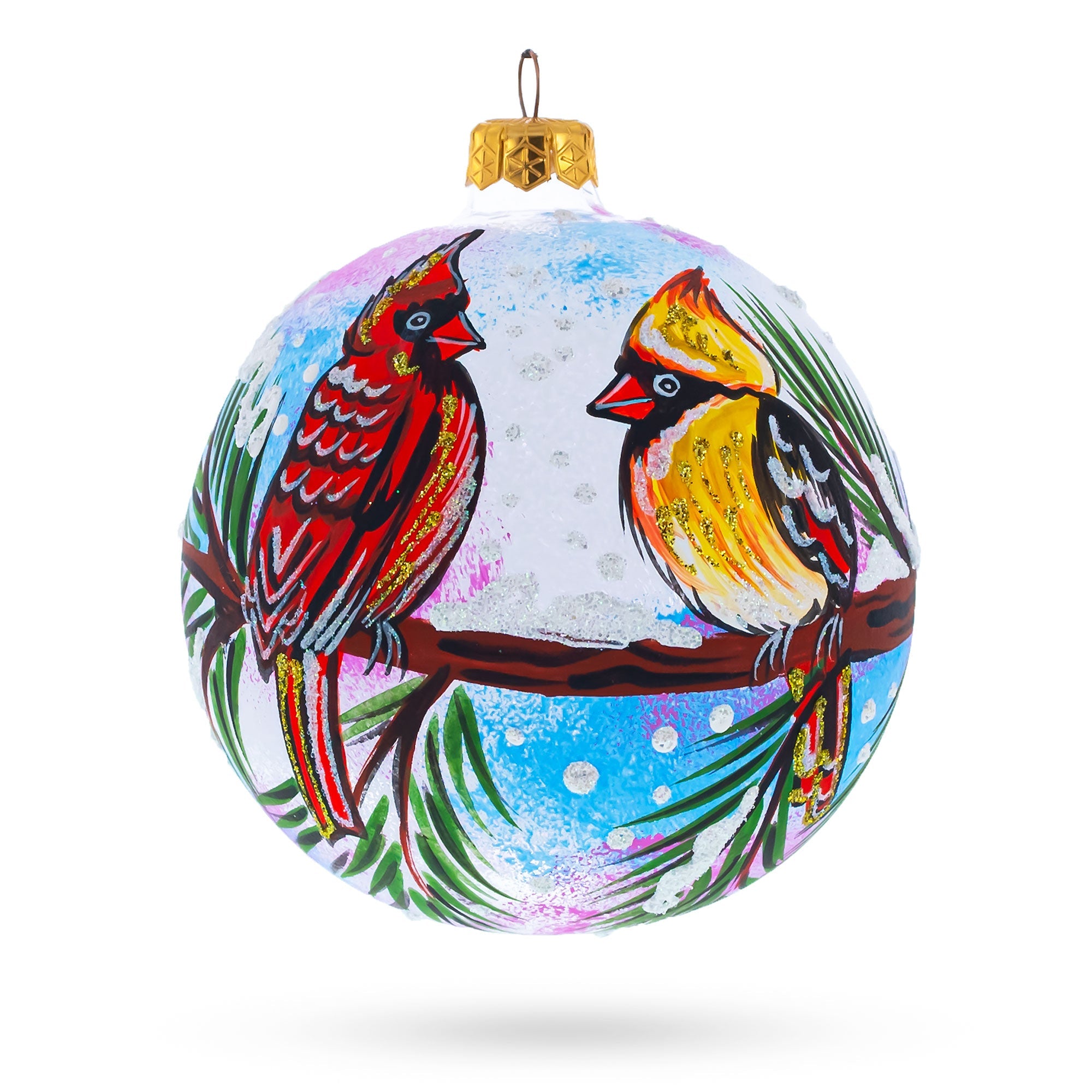 Cardinal Pair on Pine Branch Glass Ball Christmas Ornament 4 Inches