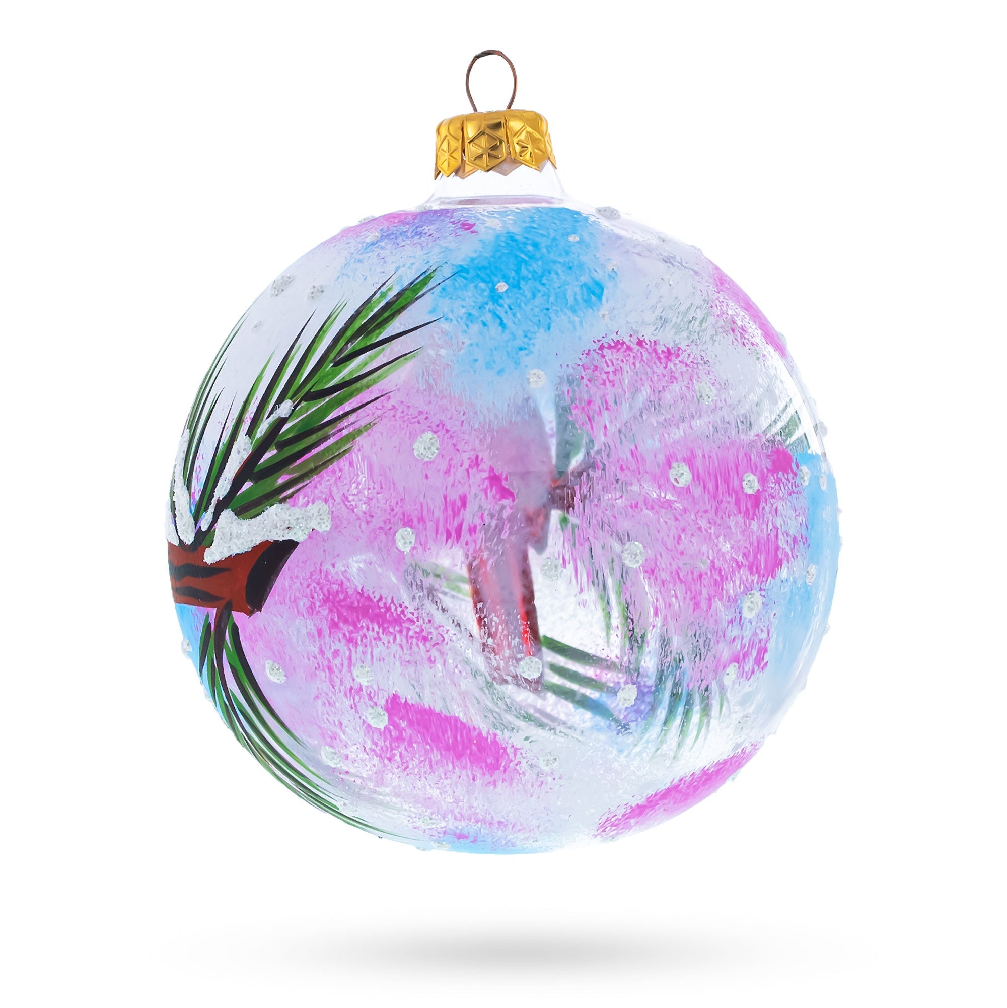 Cardinal Pair on Pine Branch Glass Ball Christmas Ornament 4 Inches